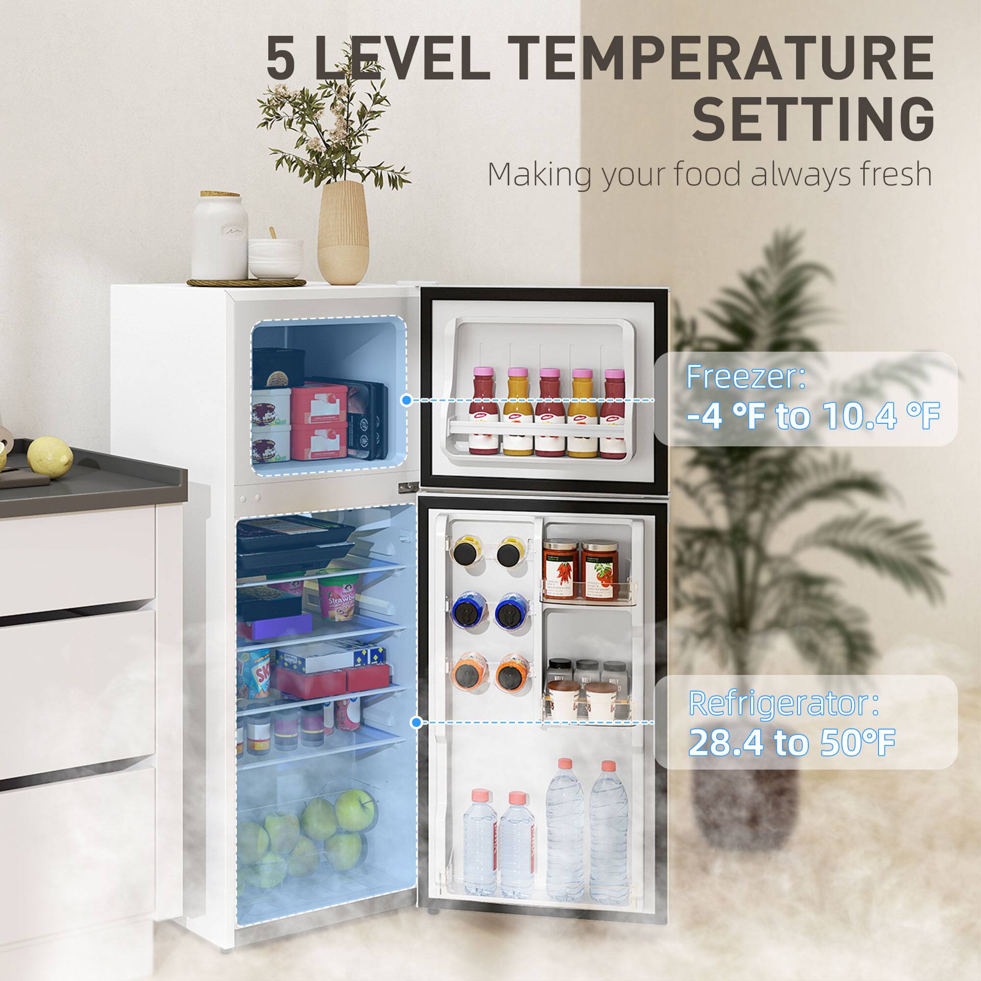 5 LEVEL TEMPERATURE SETTING  
Making your food always fresh  

Freezer: -4 °F to 10.4 °F  

Refrigerator: 28.4 to 50°F