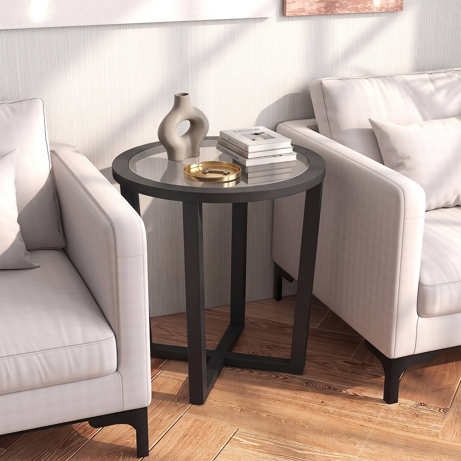Alt View 4. Gymax - Gymax Modern Round End Table w/ Transparent Tempered Glass Top  Solid Acacia Wood Legs Black - Black.