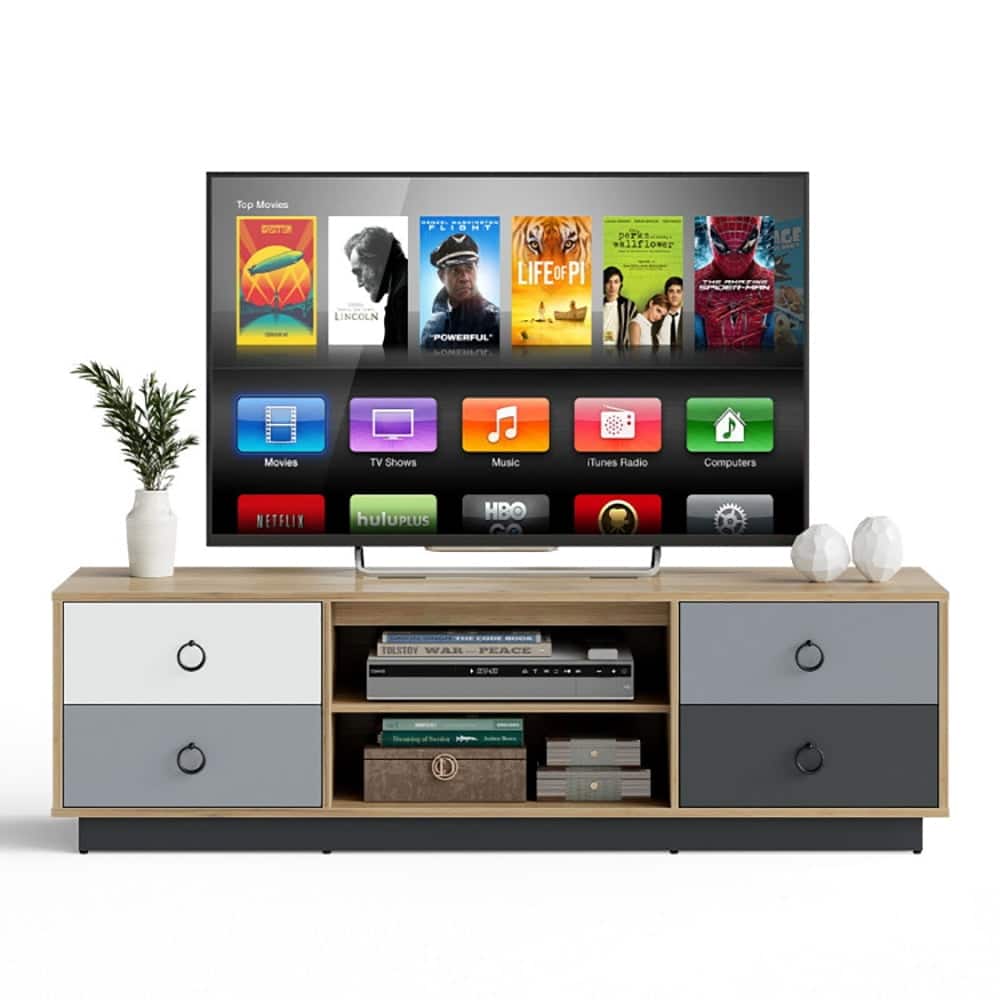 Pefilos - Modern 55 TV with 2 Storage Cabinets for TVs up 60 Mid Century Living Room Bedroom TV Stand - Brown