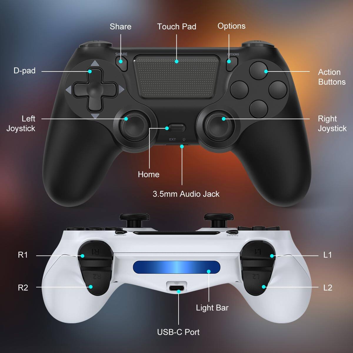 Sure, here is the corrected and grouped text from the image:

- **Top Section:**
  - Share
  - Touch Pad
  - Options
  - D-pad
  - Left Joystick
  - Right Joystick
  - Home
  - 3.5mm Audio Jack
  - R1
  - R2
  - L1
  - L2
  - Light Bar
  - USB-C Port

- **Bottom Section:**
  - Action Buttons