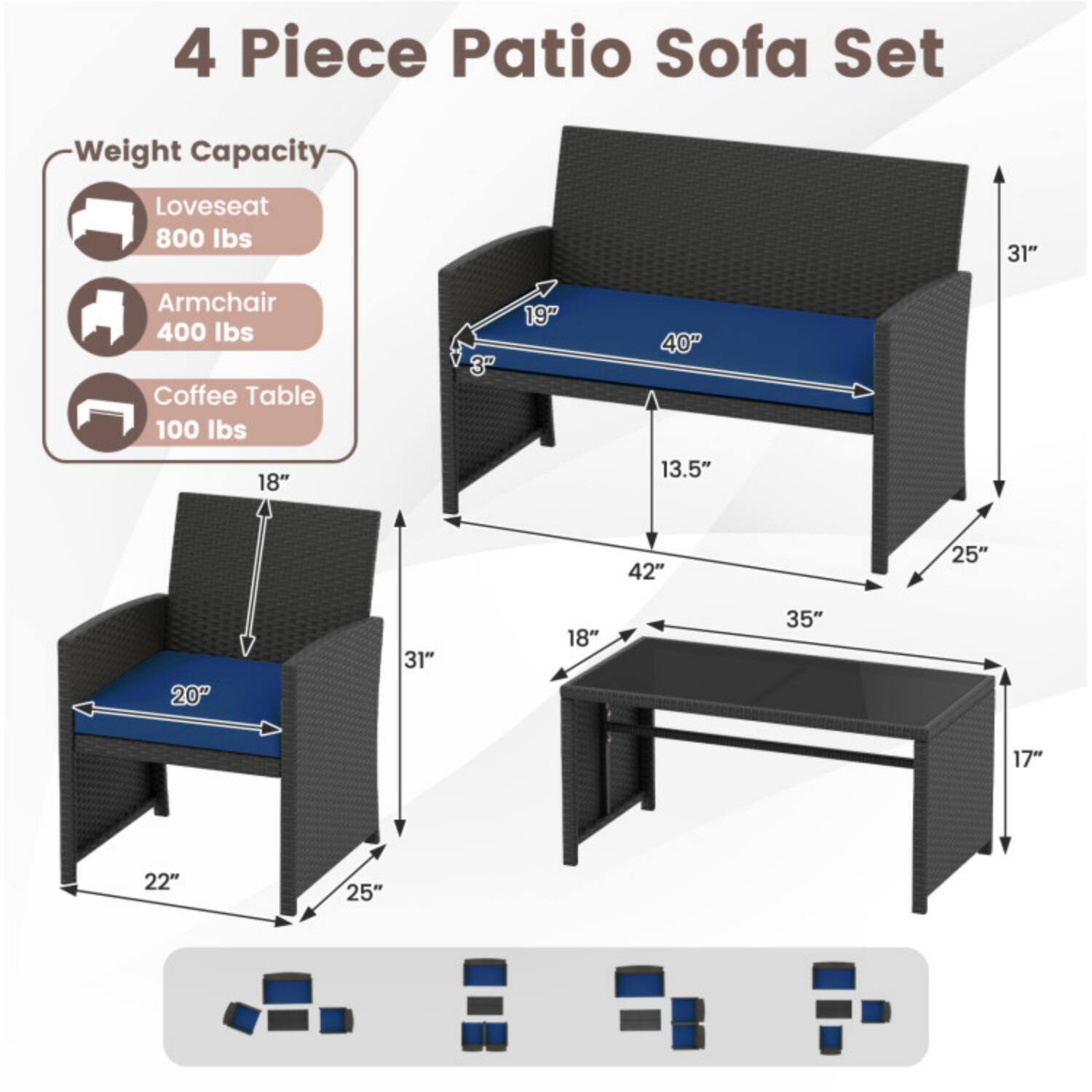 4 Piece Patio Sofa Set

Weight Capacity:
- Loveseat: 800 lbs
- Armchair: 400 lbs
- Coffee Table: 100 lbs

Dimensions:
- Loveseat: 40" W x 31" H x 19" D
- Armchair: 20" W x 31" H x 22" D
- Coffee Table: 42" W x 18" D x 17" H

Additional Dimensions:
- Loveseat: 13.5" (depth from back to front)
- Loveseat: 25" (depth from seat to back)
- Coffee Table: 35" (length from front to back)