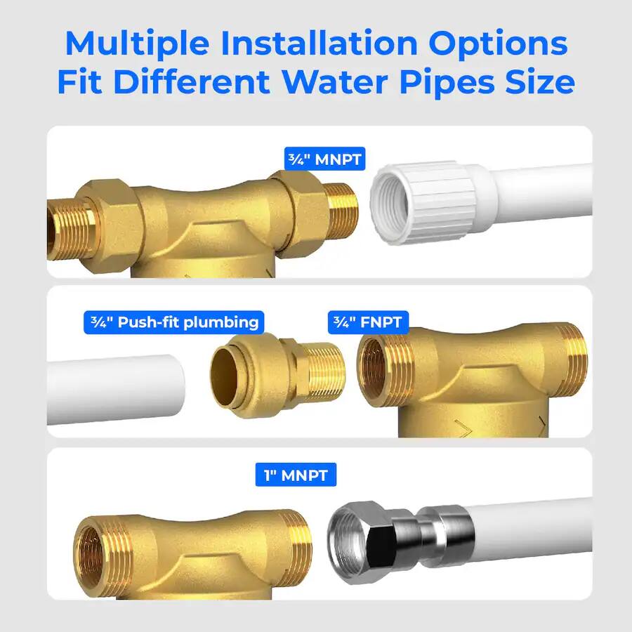 Multiple Installation Options Fit Different Water Pipes Size

- 3/4" MNPT
- 3/4" Push-fit plumbing
- 3/4" FNPT
- 1" MNPT