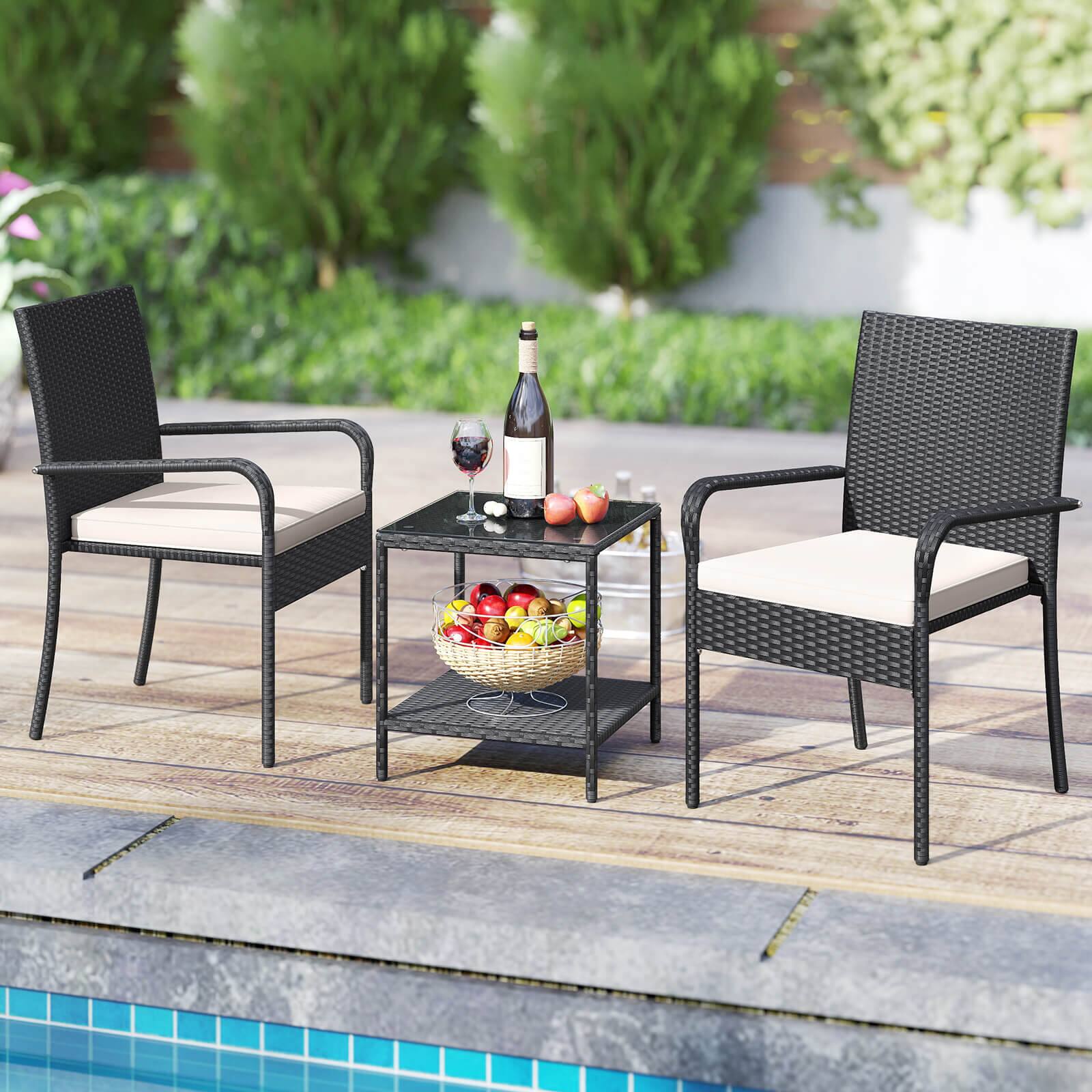 Alt View 3. Costway - Costway 3 PCS Patio Furniture Set with 2-Tier Table Tempered Glass Tabletop & Soft Cushions - White.