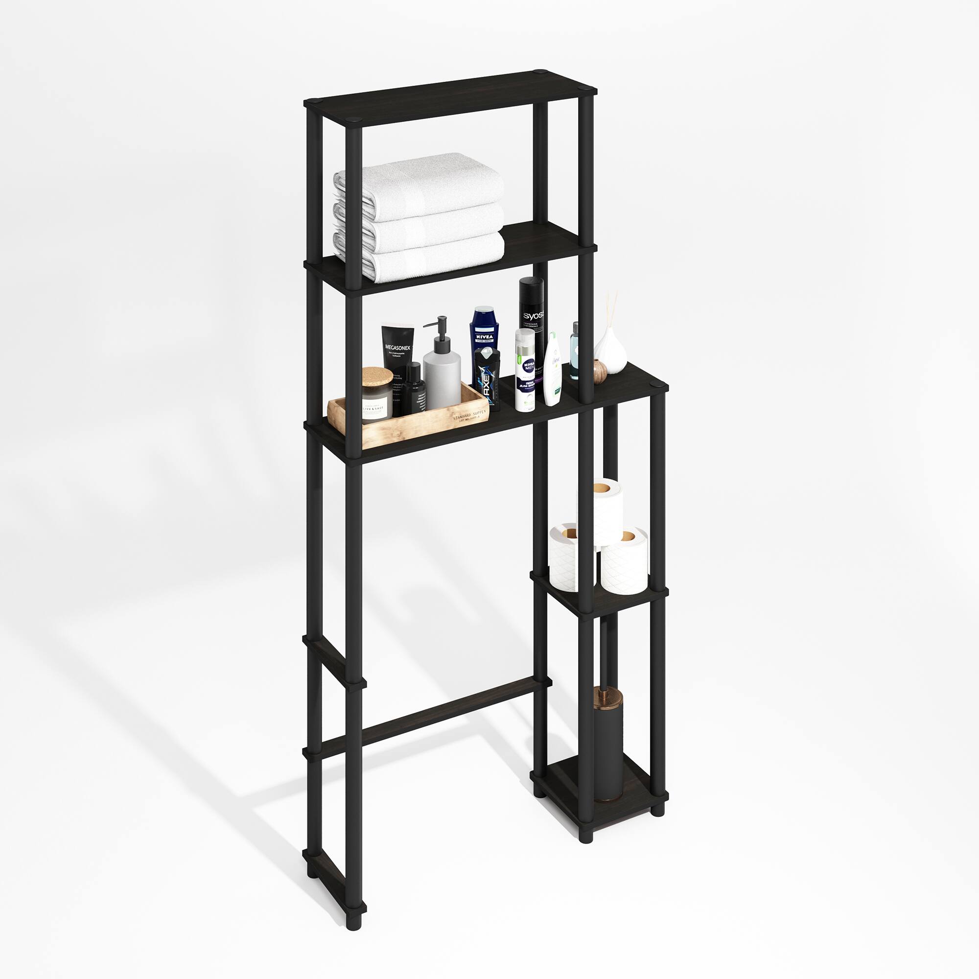 Alt View 3. Furinno - Turn-N-Tube Freestanding Over-The-Toilet Storage Rack with 5 Shelves - Black Espresso/Black.