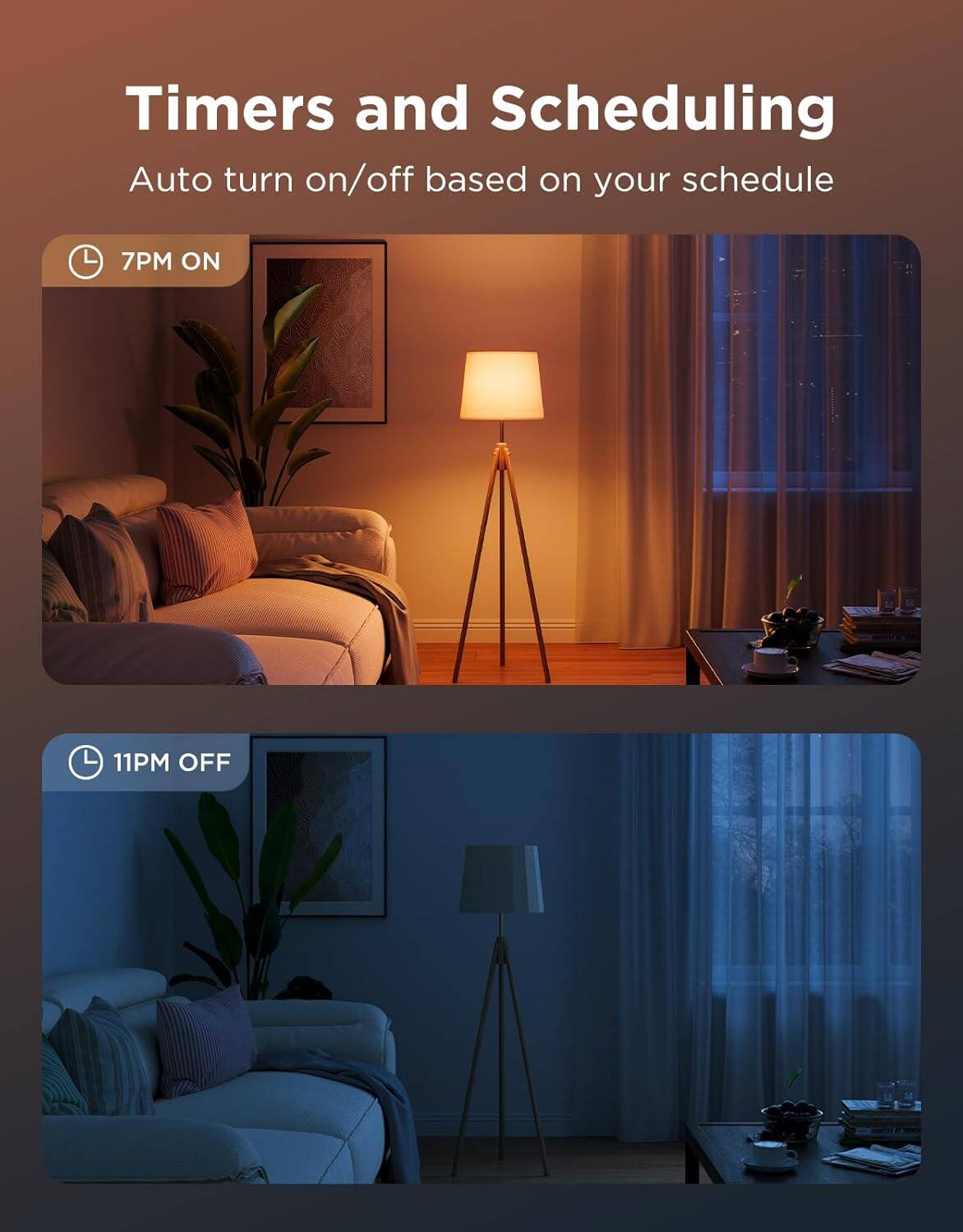 Timers and Scheduling  
Auto turn on/off based on your schedule  

7PM ON  

11PM OFF