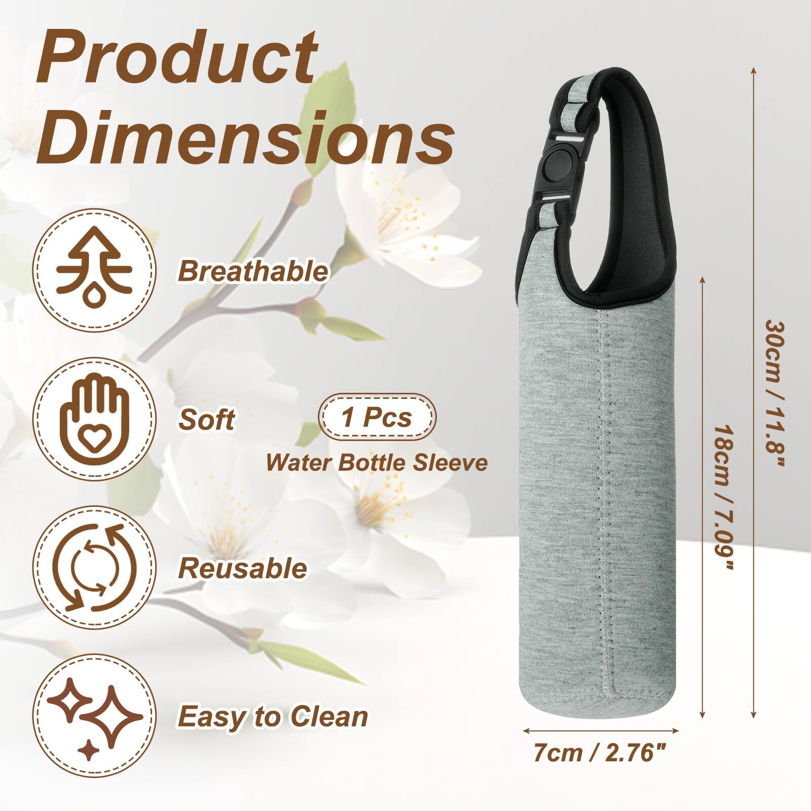 Product Dimensions: Breathable, Soft, 1 Pcs Water Bottle Sleeve, Reusable, Easy to Clean  
- Height: 30cm / 11.8"  
- Width: 18cm / 7.09"  
- Diameter: 7cm / 2.76"