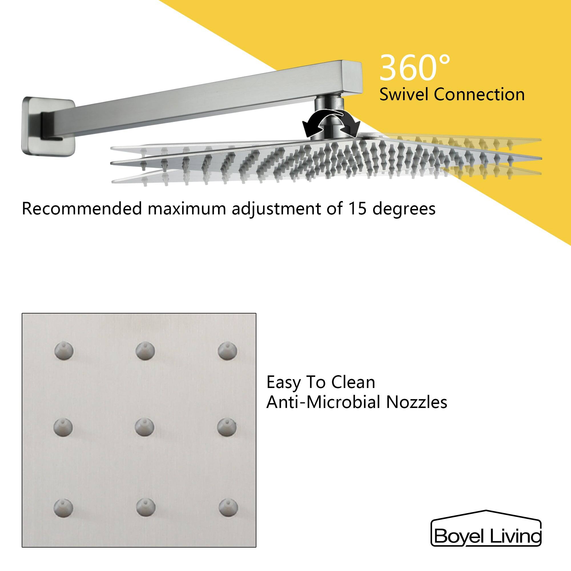 360° Swivel Connection Recommended maximum adjustment of 15 degrees Easy To Clean Anti-Microbial Nozzles Boyel Living
