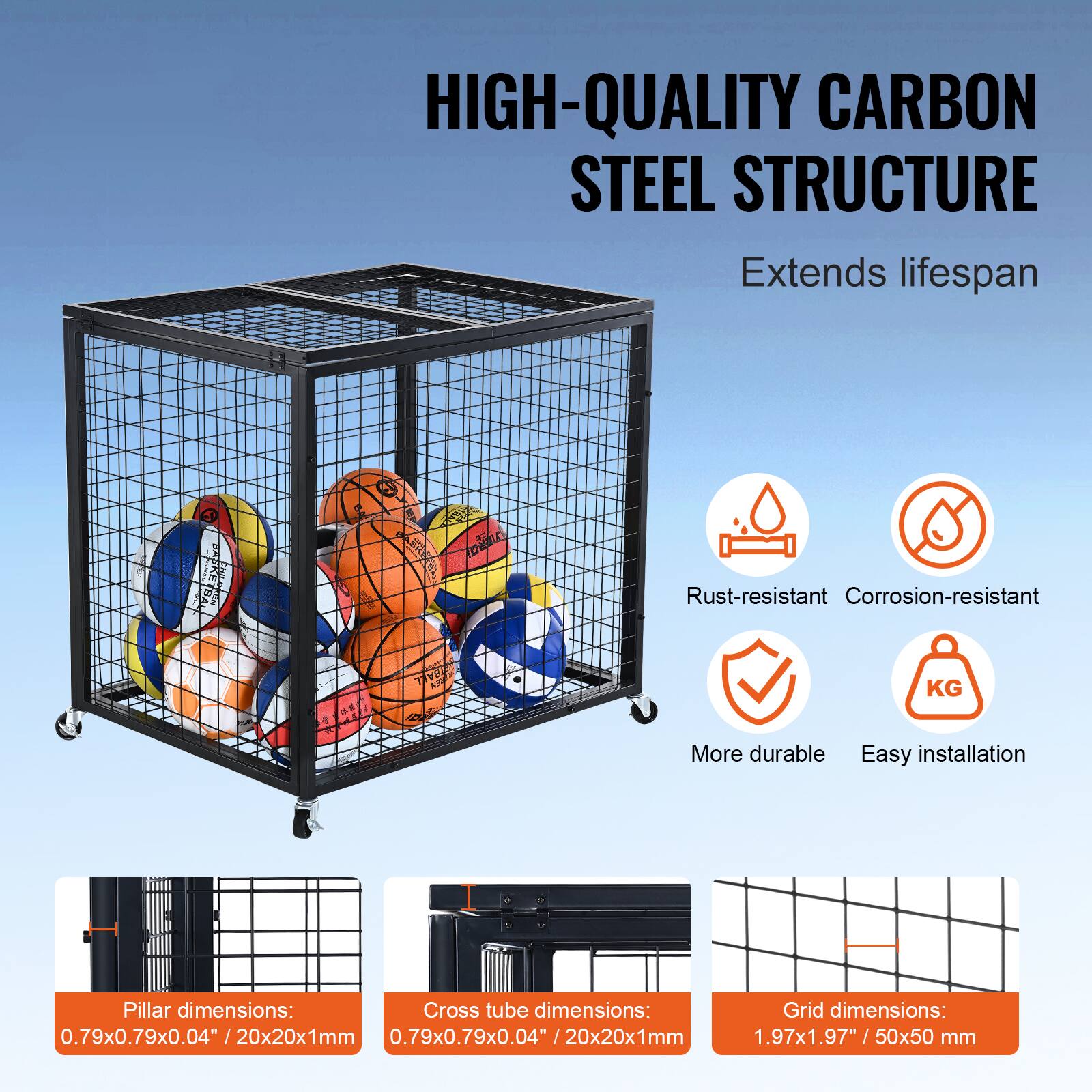 HIGH-QUALITY CARBON STEEL STRUCTURE  
Extends lifespan  
Rust-resistant  
Corrosion-resistant  
More durable  
Easy installation  

Pillar dimensions: 0.79x0.79x0.04" / 20x20x1mm  
Cross tube dimensions: 0.79x0.79x0.04" / 20x20x1mm  
Grid dimensions: 1.97x1.97" / 50x50 mm