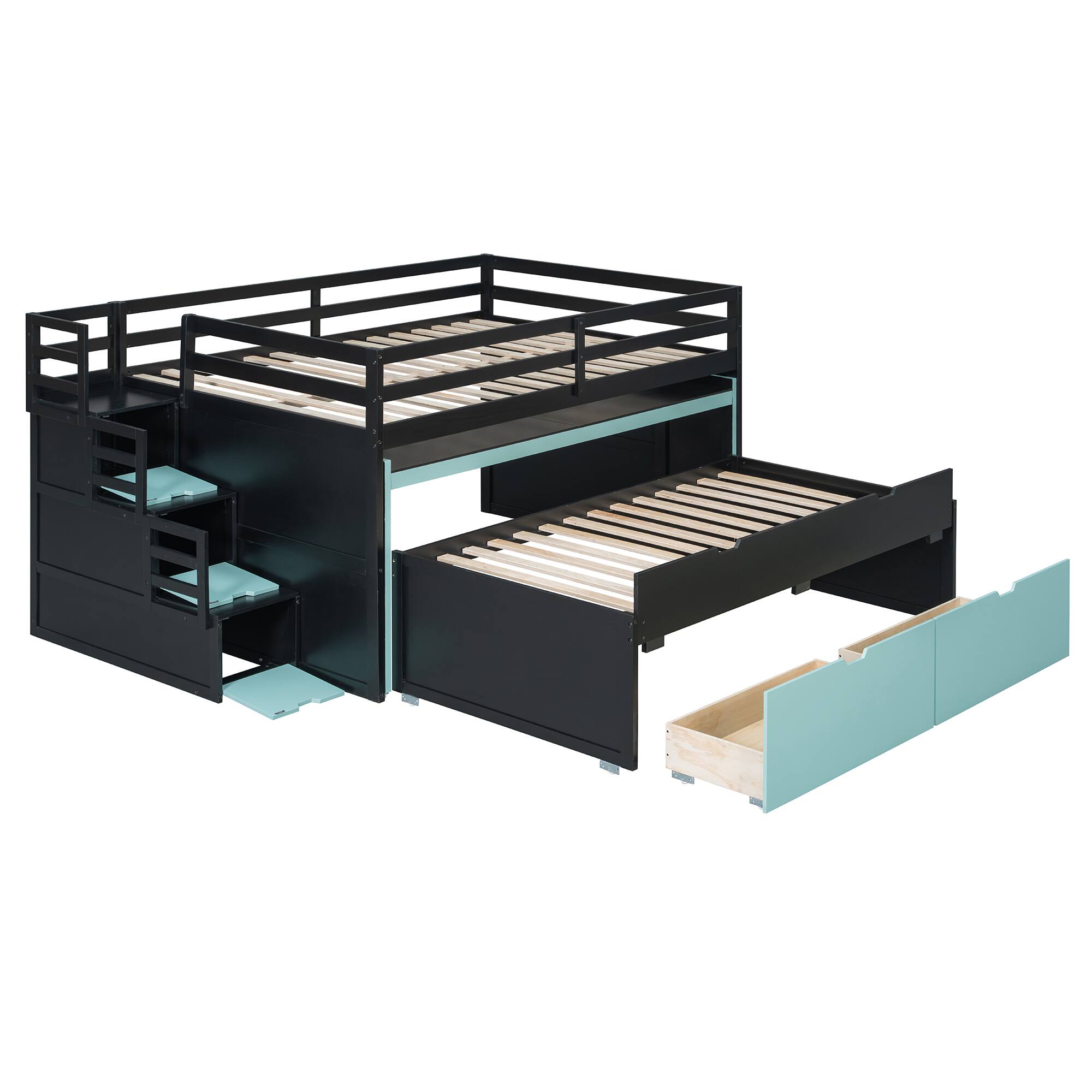 Angle. Whisen - Gaming Loft Bed with Pull-Out Desk,Trundle and Storage Stairs,Multi-Functional Workstation Bed Frame - Black+Blue.