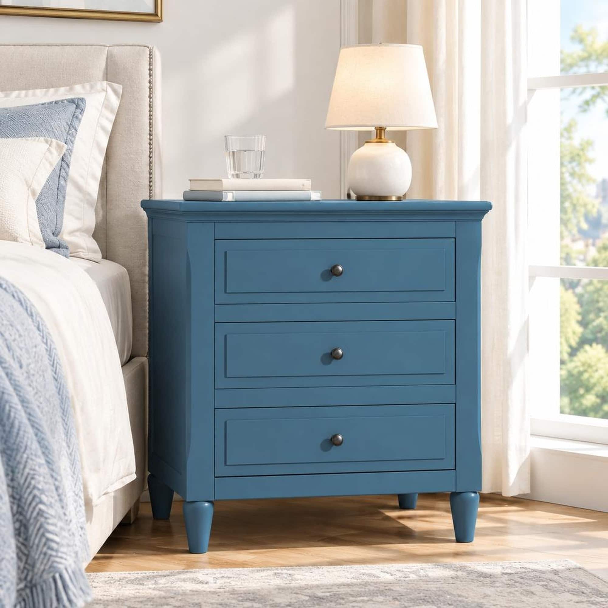 RYHNUYNE - 28 in Pine Wood Nightstand, 3 Drawer Bedside Cabinet, Metal Handles, Rubber Wood Legs, Compact Sofa Side Table - Blue
