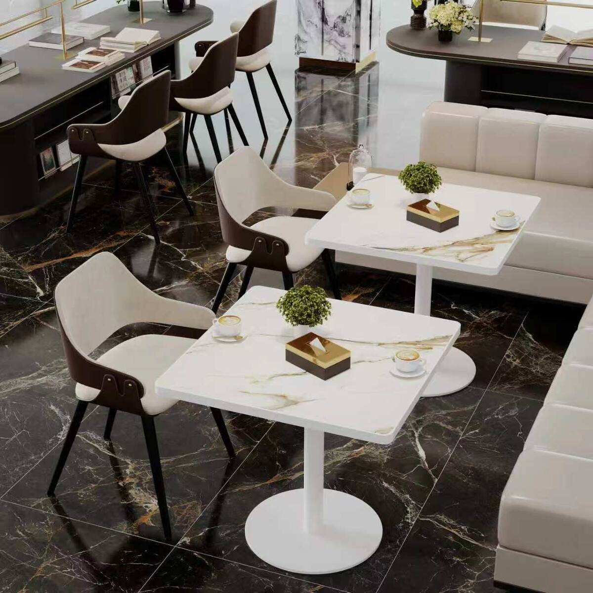 Alt View 6. Loheer - Loheer White Sintered Stone Dining Table, Square Marble Look Tabletop for Small Spaces - White.