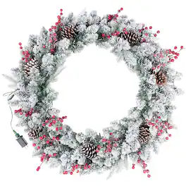 Elf Stor - Large Christmas Wreath with Lights, Berries, Pinecones, White, 36” - Green