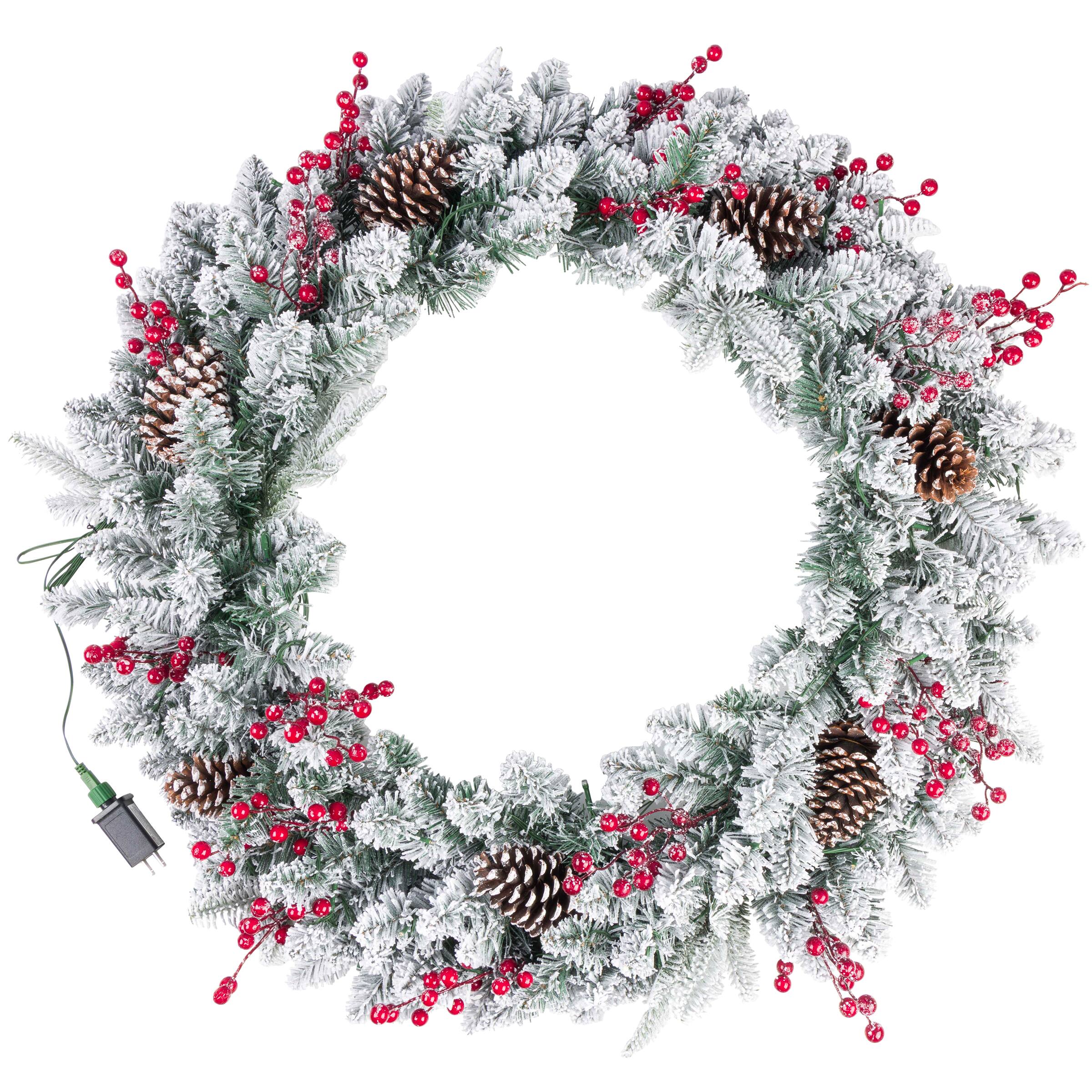Front. Elf Stor - Elf Stor Large Christmas Wreath with Lights, Berries, Pinecones, White, 36” - Green.