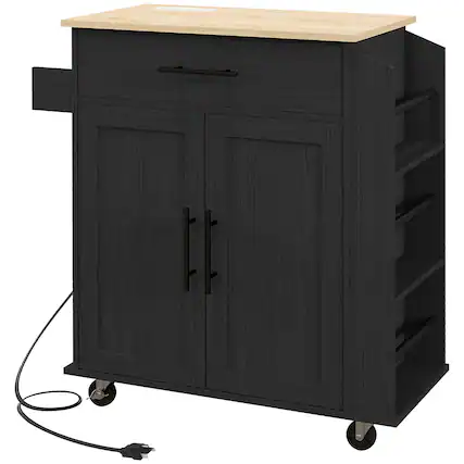 Front. Homcom - Kitchen Island with Storage, Rolling Kitchen Cart with AC Outlets and USB Ports, Microwave Stand with Towel - Black.