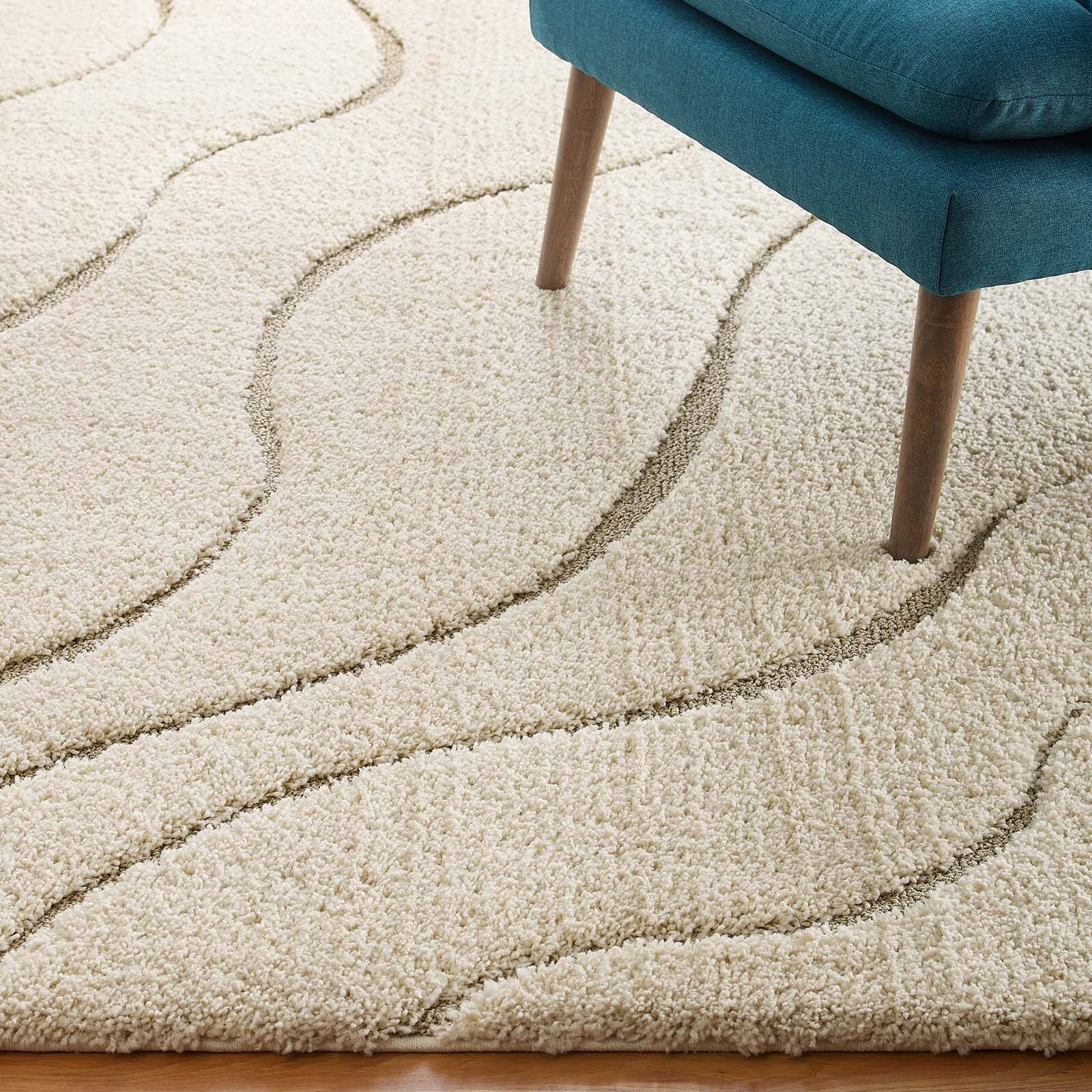 Left. Modway - Jubilant Abound Abstract Swirl Shag Area Rug - Creame and Beige.