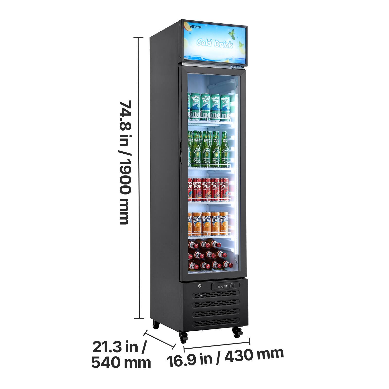 VEVOR Cold Drink  
74.8 in / 1900 mm  
21.3 in / 540 mm  
16.9 in / 430 mm