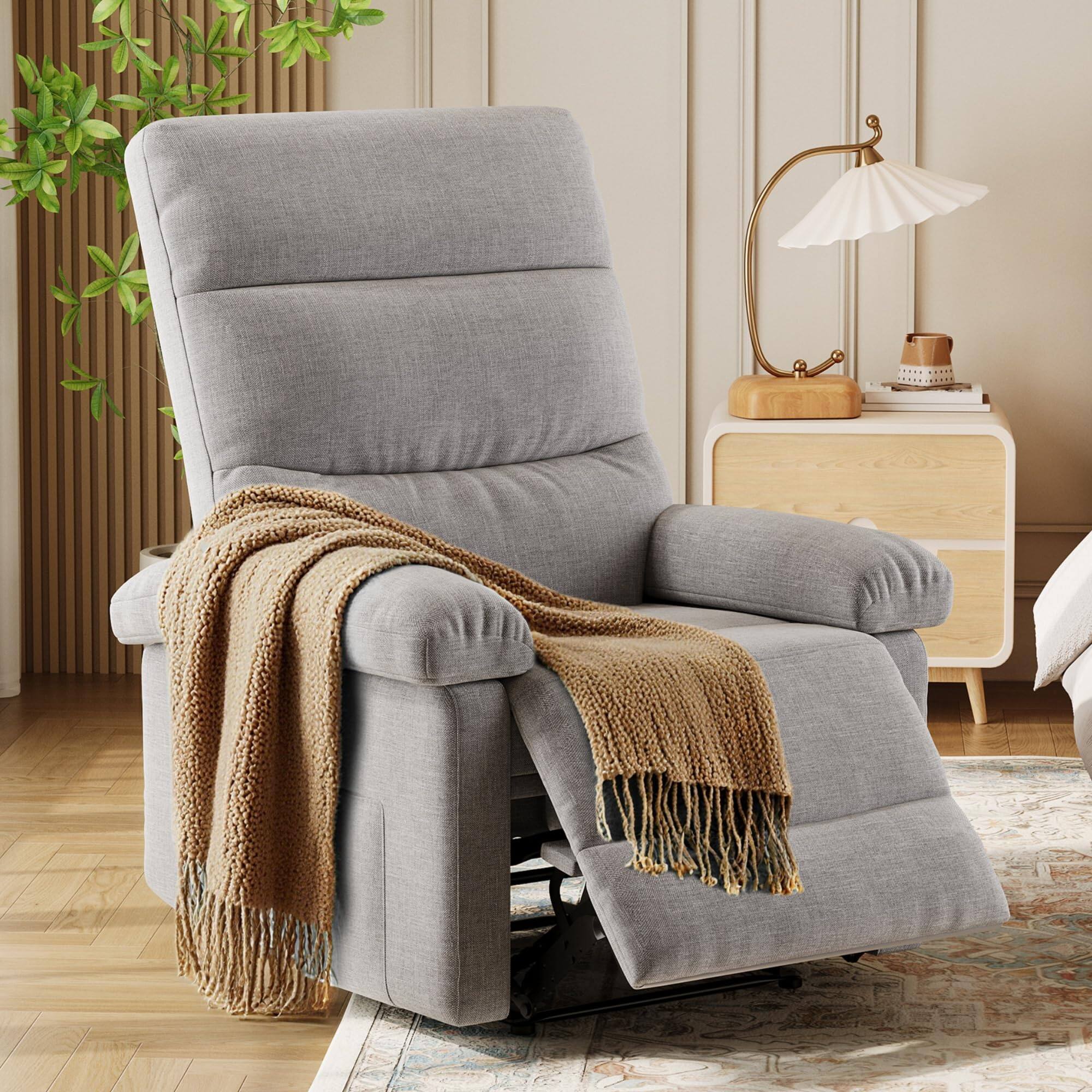 Front. Babevy - Manual Recliner Chair with Side Pocket, Linen Fabric Recliner with Side Pocket - Grey.