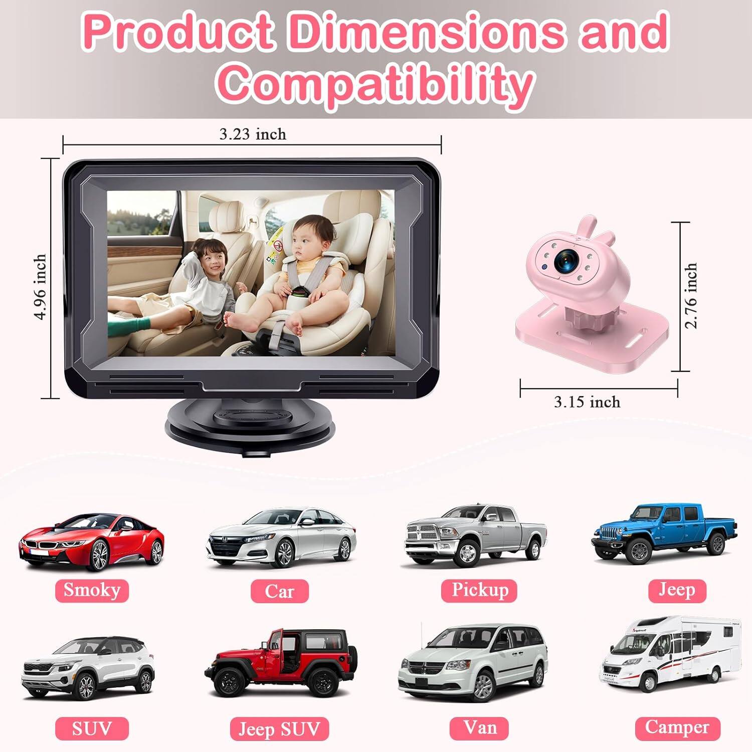 Product Dimensions and Compatibility

- 3.23 inch
- 4.96 inch
- 2.76 inch
- 3.15 inch

Compatibility:
- Smoky
- Car
- Pickup
- Jeep
- SUV
- Jeep SUV
- Van
- Camper