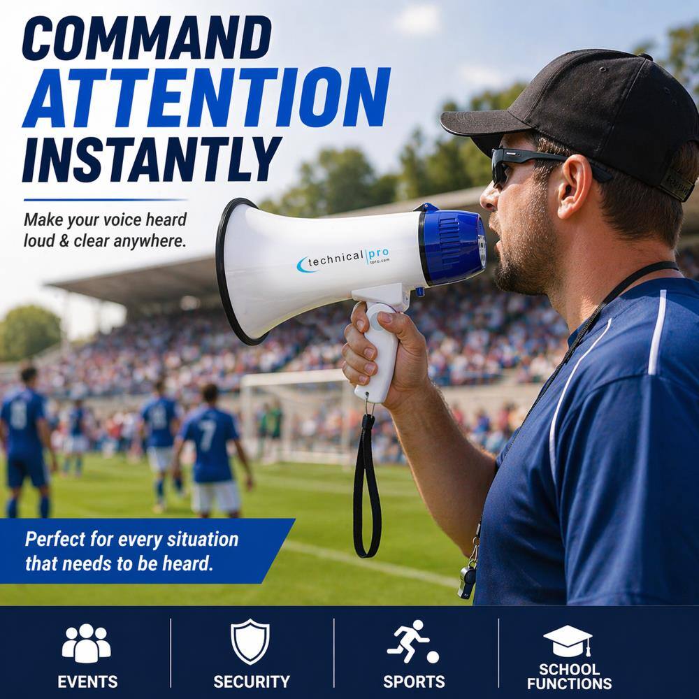 COMMAND ATTENTION INSTANTLY  
Make your voice heard loud & clear anywhere.  
technical pro  
Perfect for every situation that needs to be heard.  
EVENTS  
SECURITY  
SPORTS  
SCHOOL FUNCTIONS