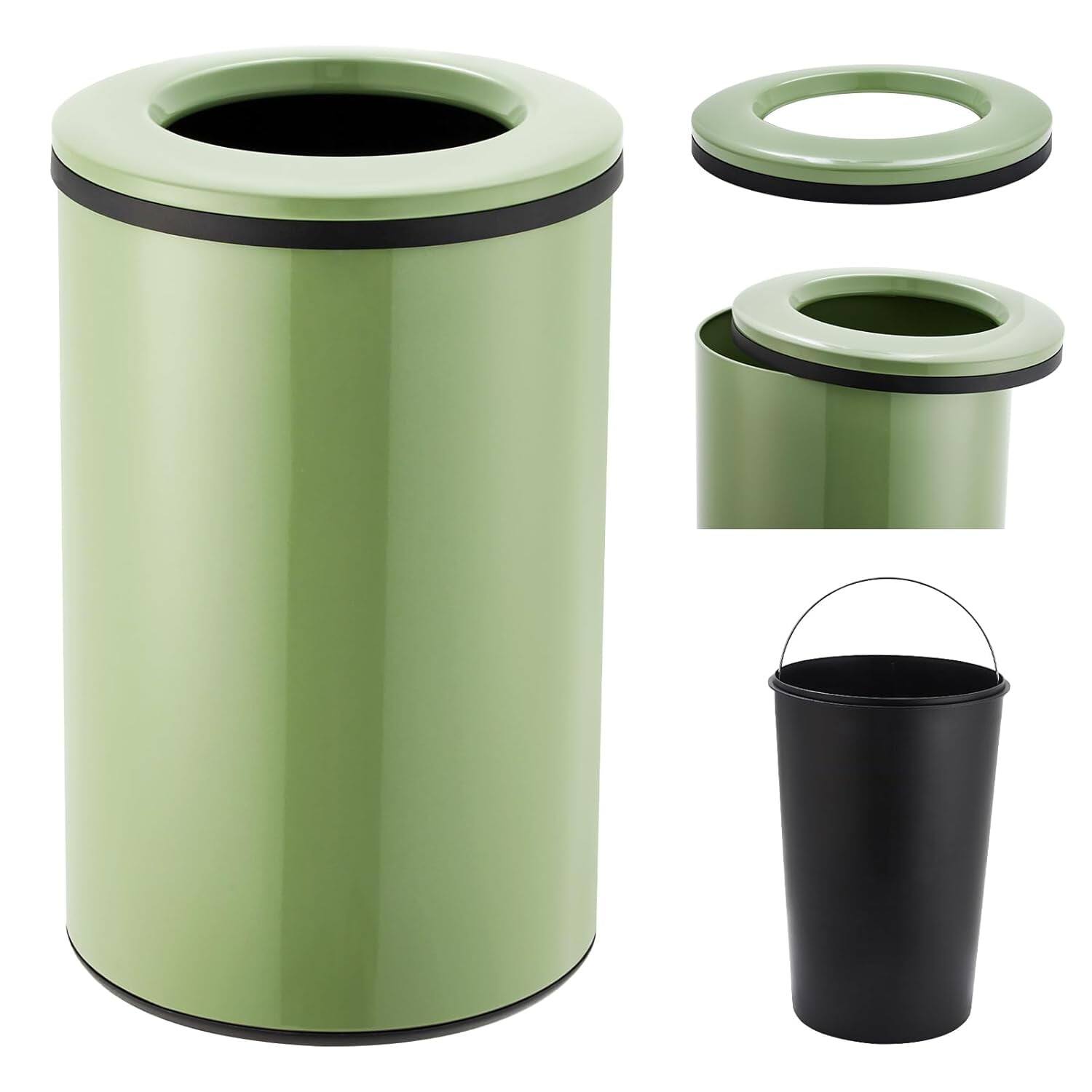 Front. Homhougo - 40L / 10.6 Gallon Round Trash Can, Large Stainless Steel Open Top Garbage Can with Removable Inner Bucket - Green - Green.