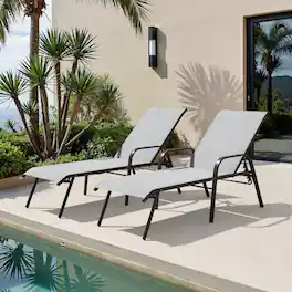 Crestlive Products - Set of 2 Brown Metal Frame Adjustbale Chaise Lounge Chair with Texteline Sling Seat - Light Gray