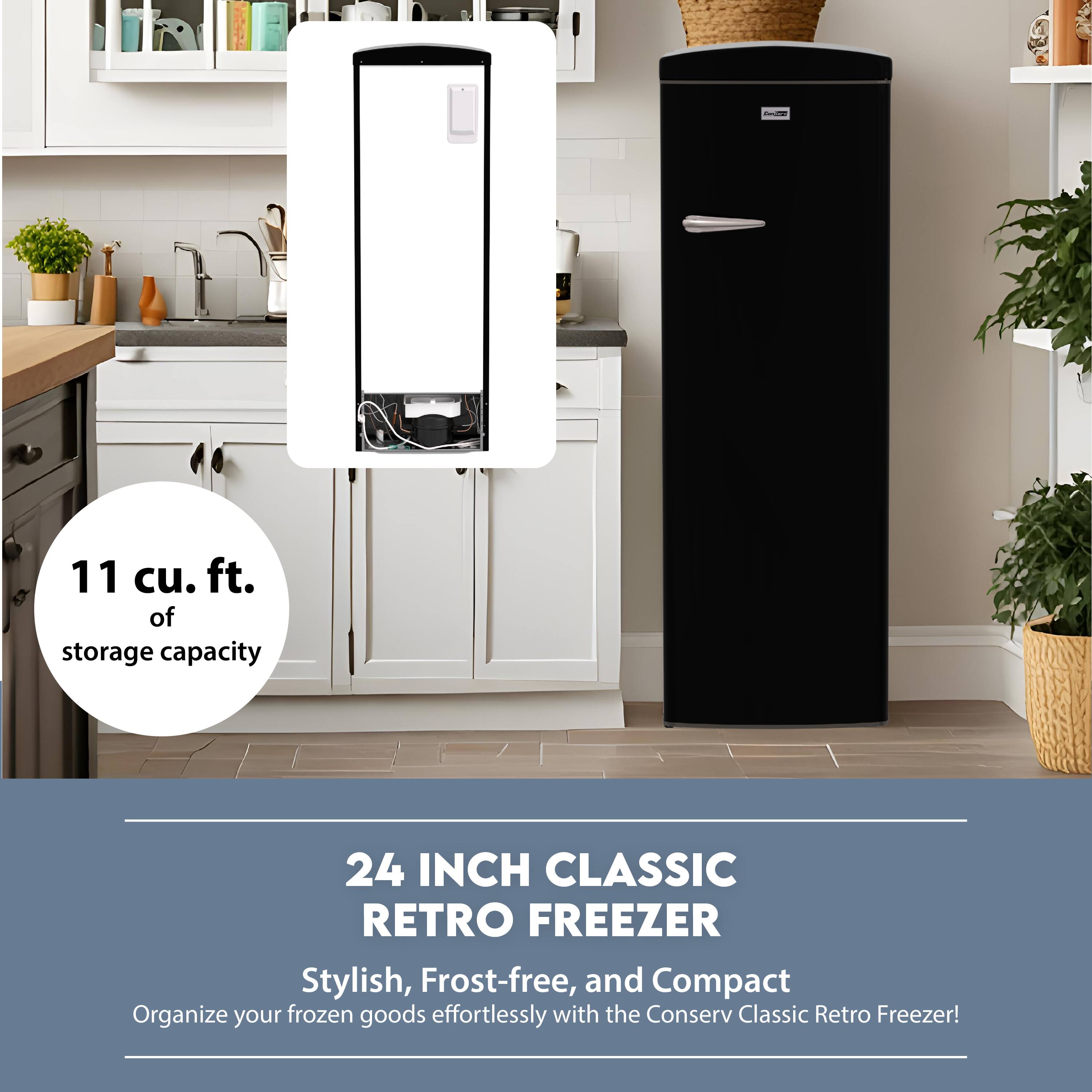 11 cu. ft. of storage capacity

24 INCH CLASSIC RETRO FREEZER

Stylish, Frost-free, and Compact

Organize your frozen goods effortlessly with the Conserv Classic Retro Freezer!