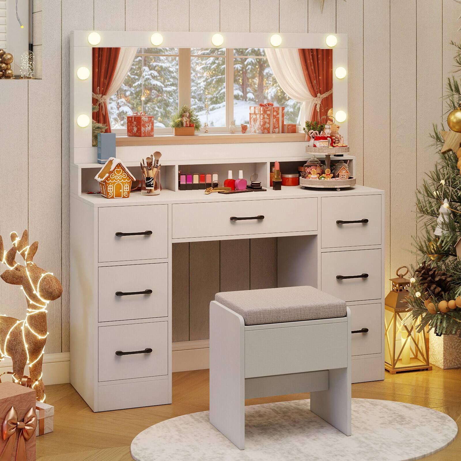 Alt View 1. Gymax - Gymax Vanity Desk w/Mirror & Lights Power Outlets 3 Color Lighting Modes 7 Drawers - White.