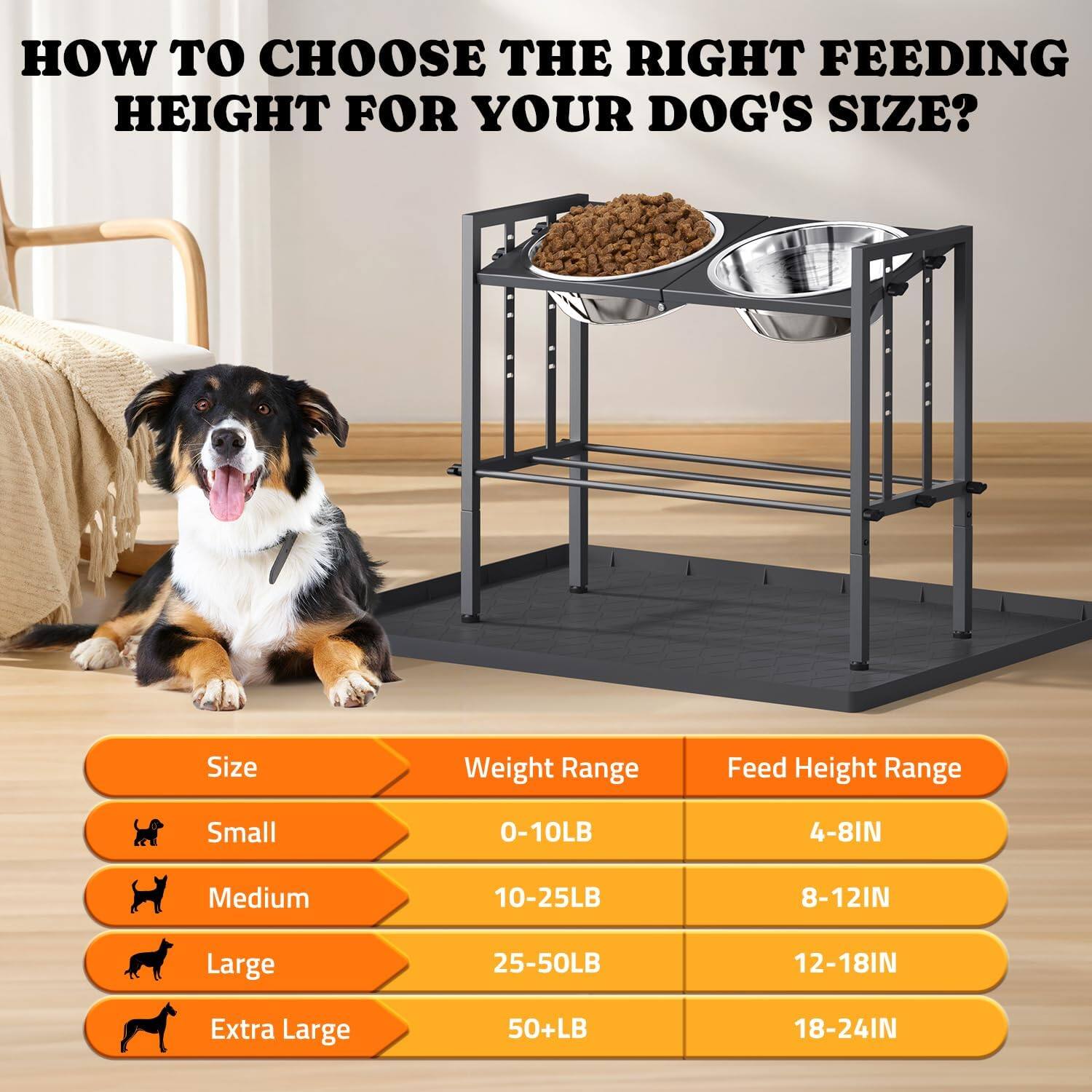 HOW TO CHOOSE THE RIGHT FEEDING HEIGHT FOR YOUR DOG'S SIZE?

| Size       | Weight Range | Feed Height Range |
|------------|--------------|------------------|
| Small      | 0-10LB       | 4-8IN            |
| Medium     | 10-25LB      | 8-12IN           |
| Large      | 25-50LB      | 12-18IN          |
| Extra Large| 50+LB        | 18-24IN          |
