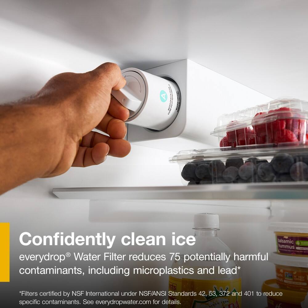 Confidently clean ice  
everydrop® Water Filter reduces 75 potentially harmful contaminants, including microplastics and lead*  
*Filters certified by NSF International under NSF/ANSI Standards 42, 53, 372 and 401 to reduce specific contaminants. See everydropwater.com for details.