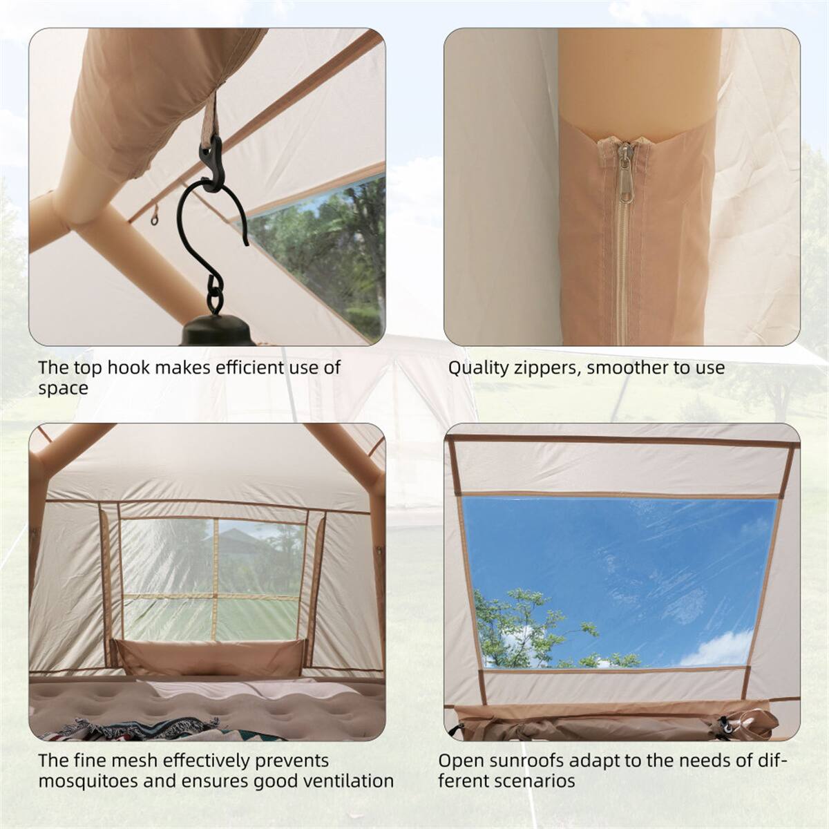 The top hook makes efficient use of space

Quality zippers, smoother to use

The fine mesh effectively prevents mosquitoes and ensures good ventilation

Open sunroofs adapt to the needs of different scenarios