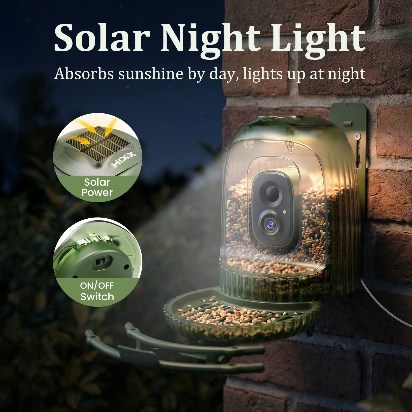 Solar Night Light  
Absorbs sunshine by day, lights up at night  

Solar Power  
ON/OFF Switch
