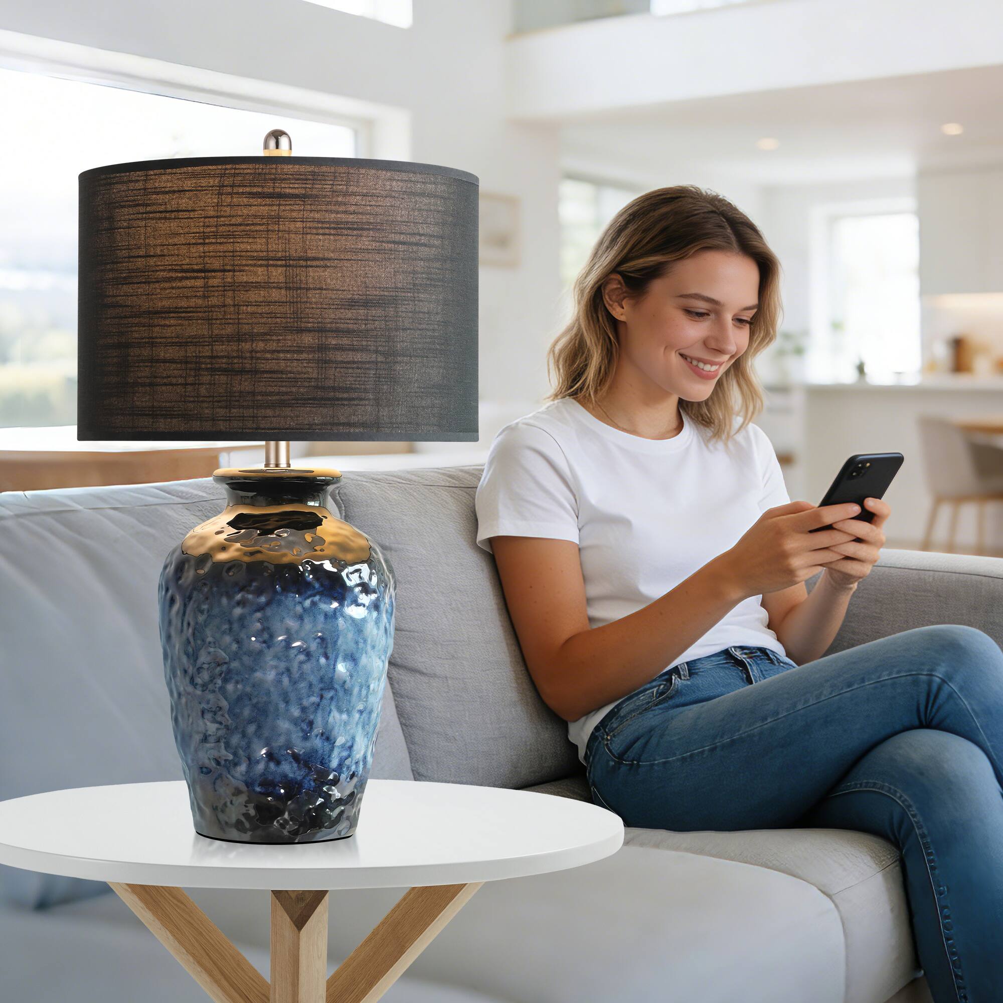 Alt View 2. partphoner - Farmhouse Ceramic Table Lamp - Blue+Black.