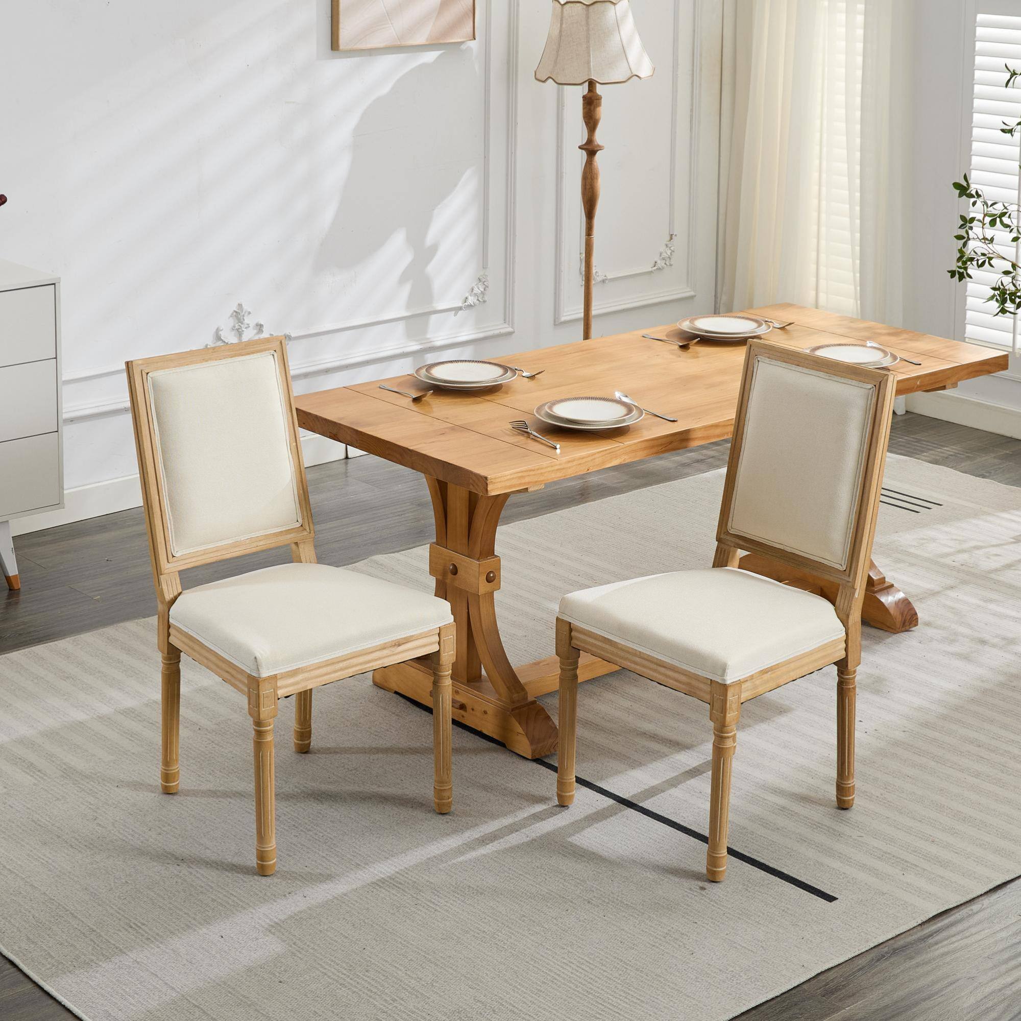 Alt View 9. GOODSILO - Elegant French Style Dining Chairs Set of 2 with Square Backrest and Carved Wood Frame for Home and Restaurant - Beige.