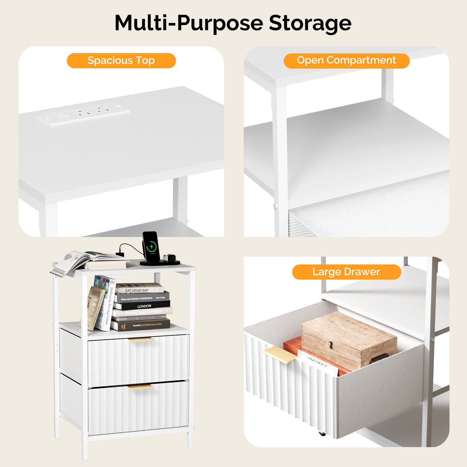 Multi-Purpose Storage

- Spacious Top
- Open Compartment
- Large Drawer