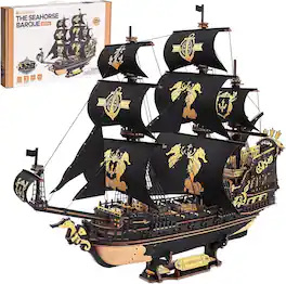Robotime - Rokr The Seahorse Barque 3D Wooden Puzzles for Adults, Black Sailboat Model Kits, Pirate Ship Building, 603 Pcs - Brown