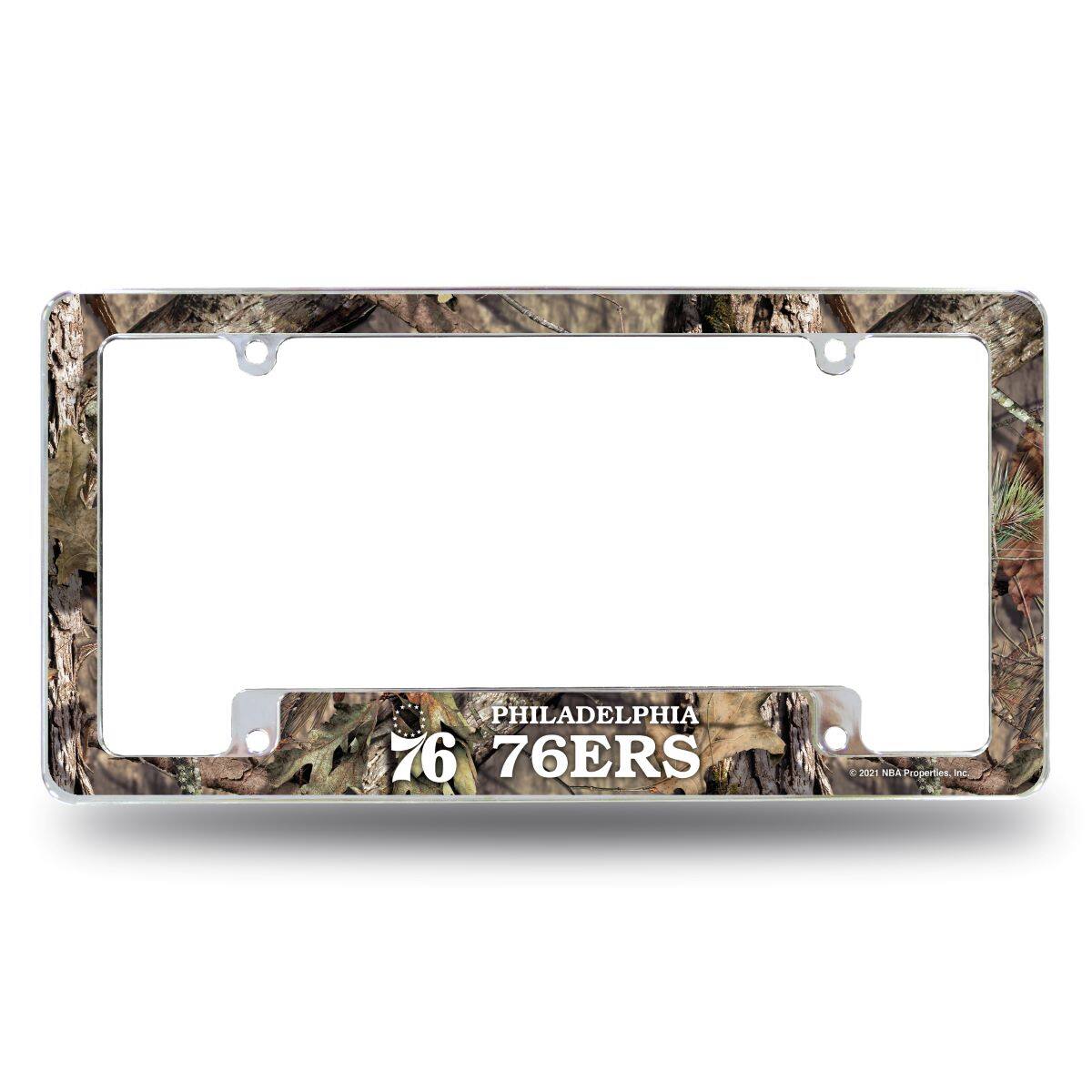 Philadelphia 76ers Chrome Metal License Plate Frame with Bold Mossy Oak Camouflaged Camo Design