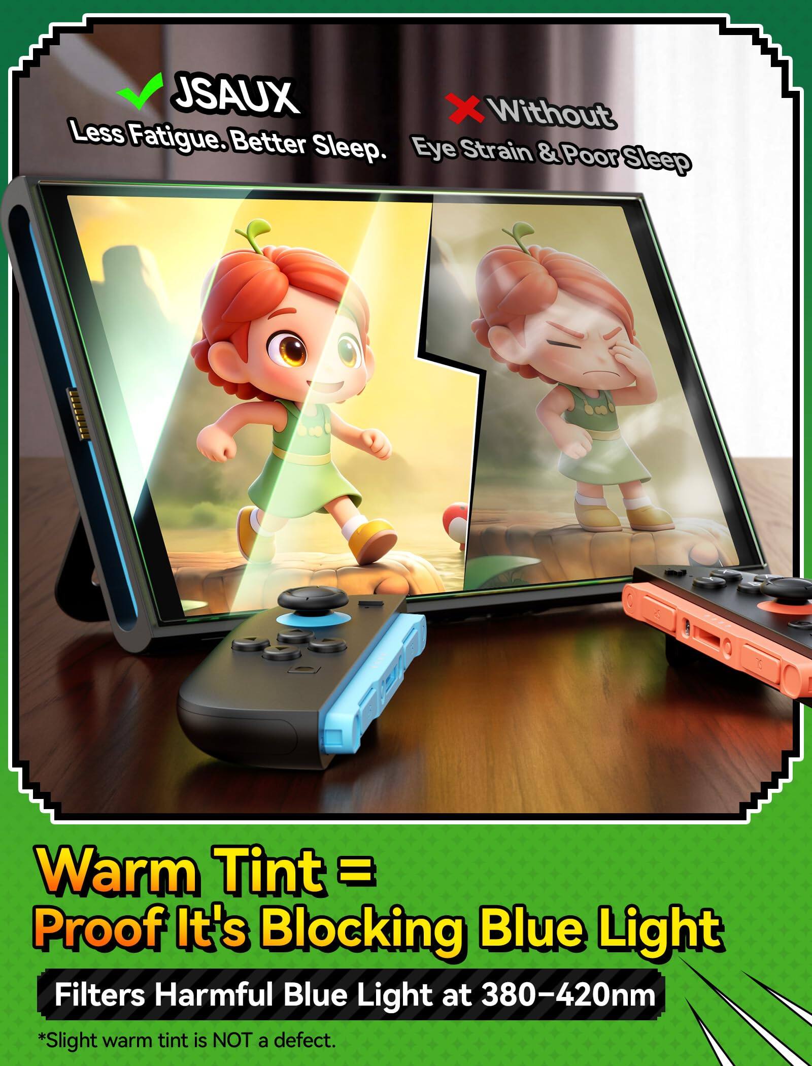 JSAUX  
Less Fatigue. Better Sleep.  
Eye Strain & Poor Sleep

Warm Tint = Proof It's Blocking Blue Light  
Filters Harmful Blue Light at 380-420nm  
*Slight warm tint is NOT a defect.