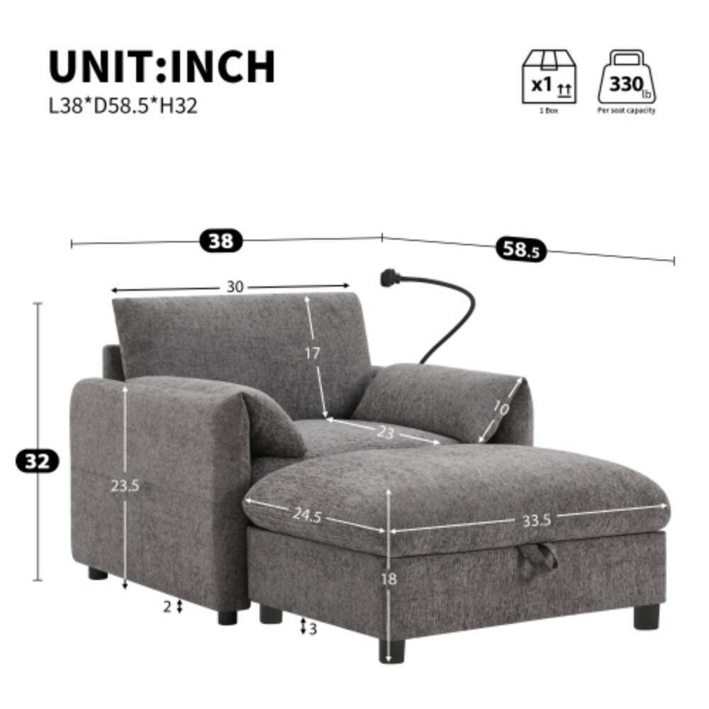 UNIT: INCH  
L38 * D58.5 * H32  
x1 11  
1 Box  
330 lb  
Per seat capacity  
38  
58.5  
30  
17  
32  
23.5  
24.5  
23  
10  
33.5  
2: 13  
18