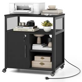 Costway - File Cabinet on Wheels with Charging Station & Cable Management Hole Shelves - Black