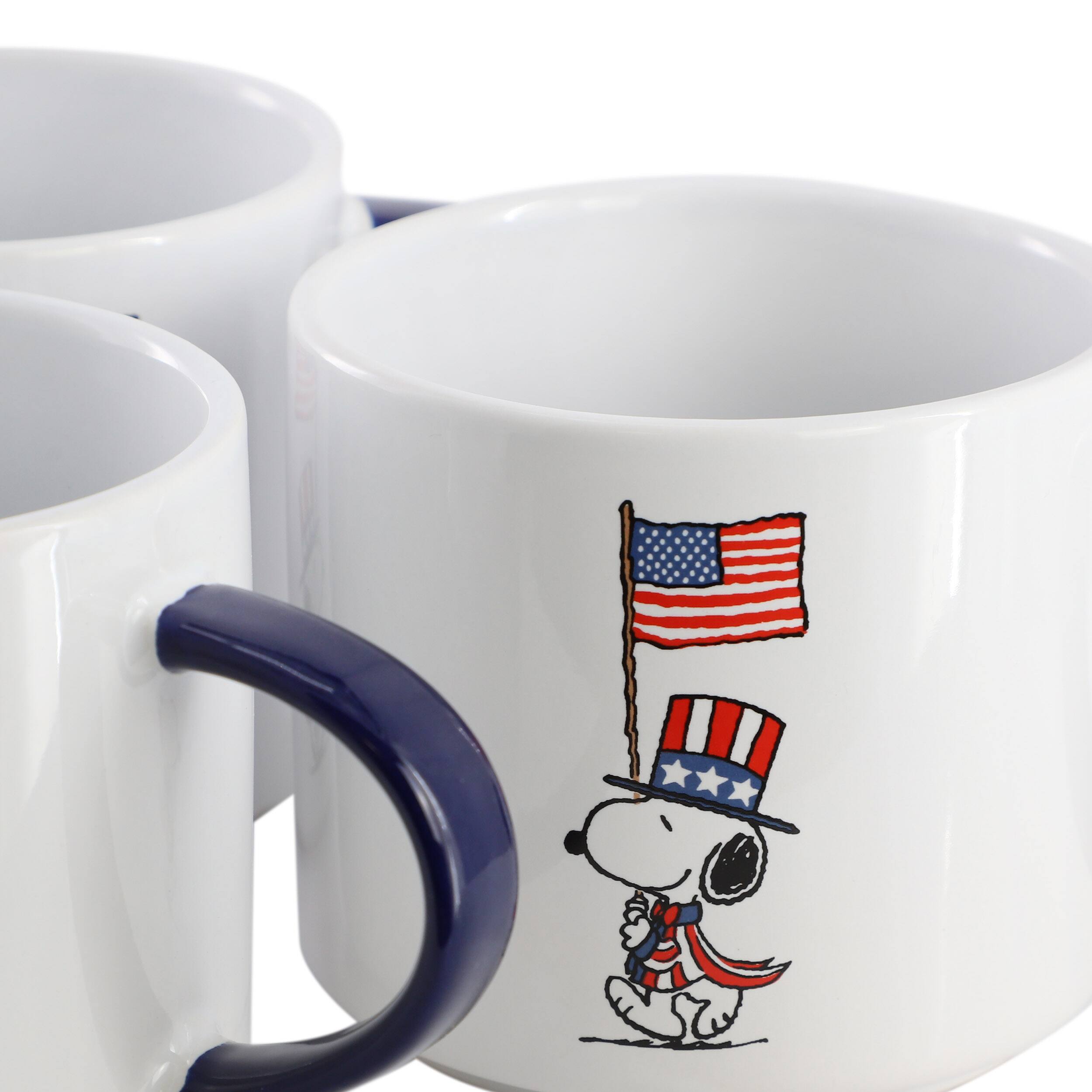 Back. Peanuts - Peanuts Raise the Flag 4 Piece 15 Ounce Stoneware Mug Set in White, Blue, and Red - White, Blue, Red.