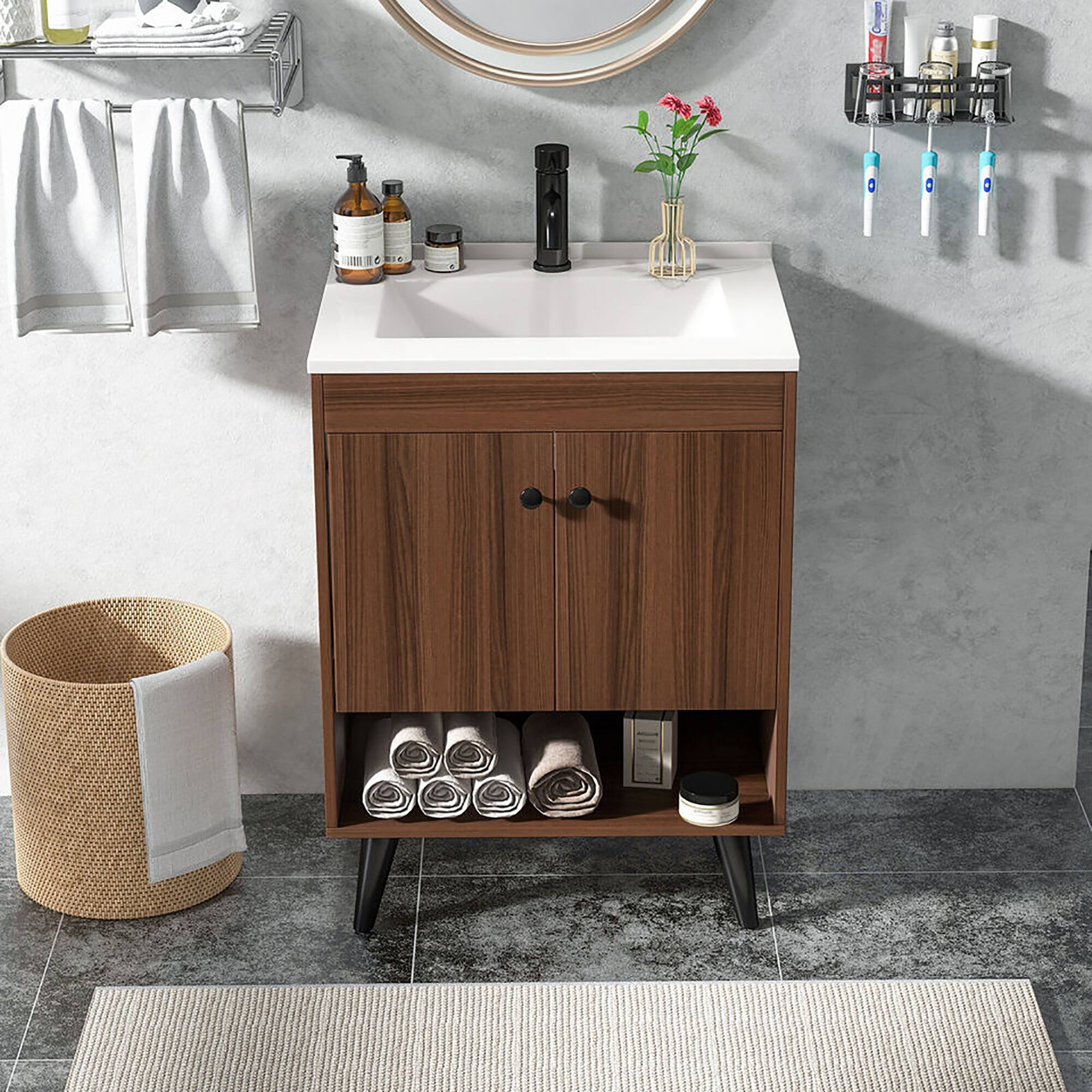 Alt View 4. Gymax - Gymax 25 Inch Wooden Bathroom Vanity Sink Combo with Open Shelf & Sink & Pop Up Drain - Walnut.