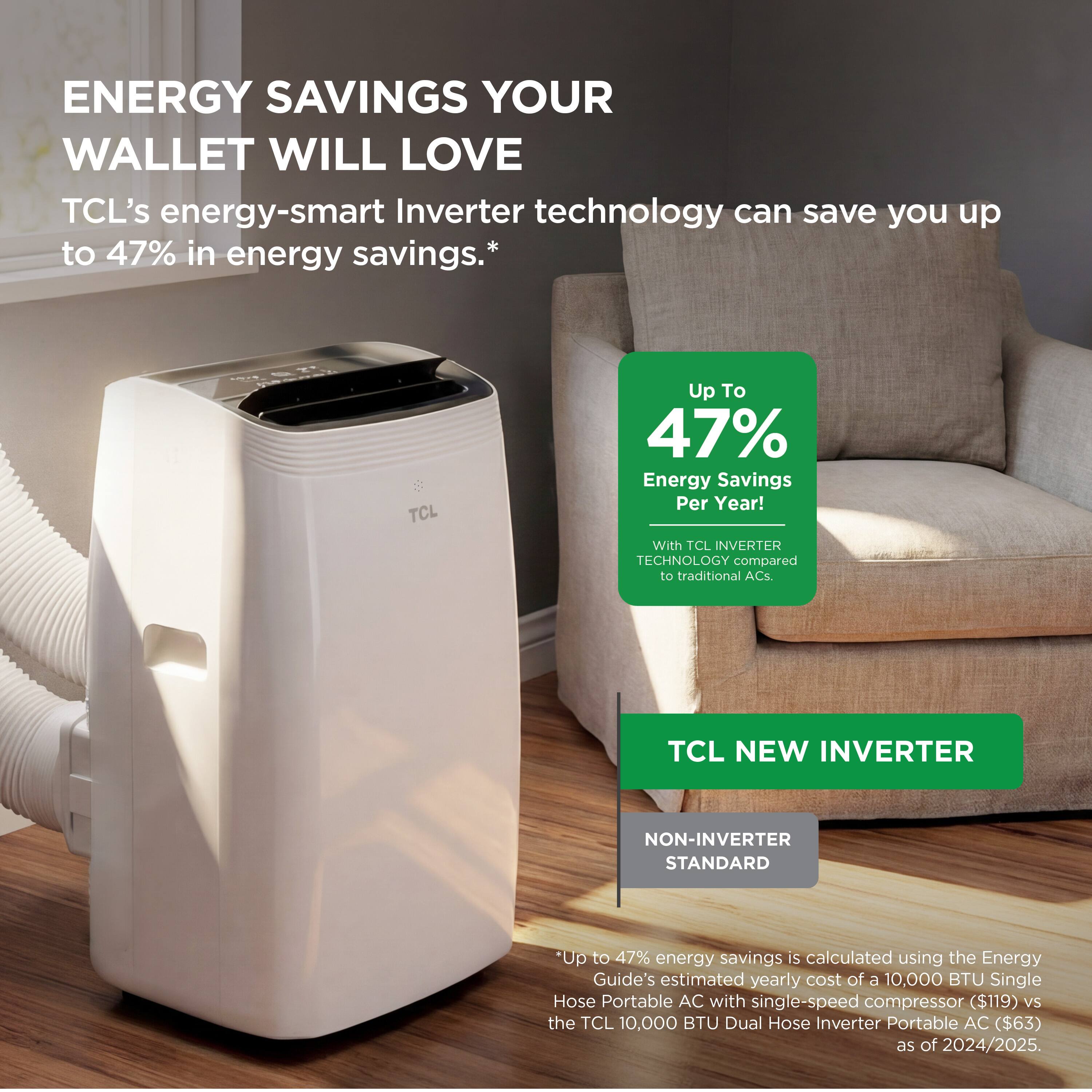 ENERGY SAVINGS YOUR WALLET WILL LOVE

TCL's energy-smart Inverter technology can save you up to 47% in energy savings.*

Up To 47% Energy Savings Per Year!
With TCL INVERTER TECHNOLOGY compared to traditional ACs.

TCL NEW INVERTER
NON-INVERTER STANDARD

*Up to 47% energy savings is calculated using the Energy Guide's estimated yearly cost of a 10,000 BTU Single Hose Portable AC with single-speed compressor ($119) vs the TCL 10,000 BTU Dual Hose Inverter Portable AC ($63) as of 2024/2025.