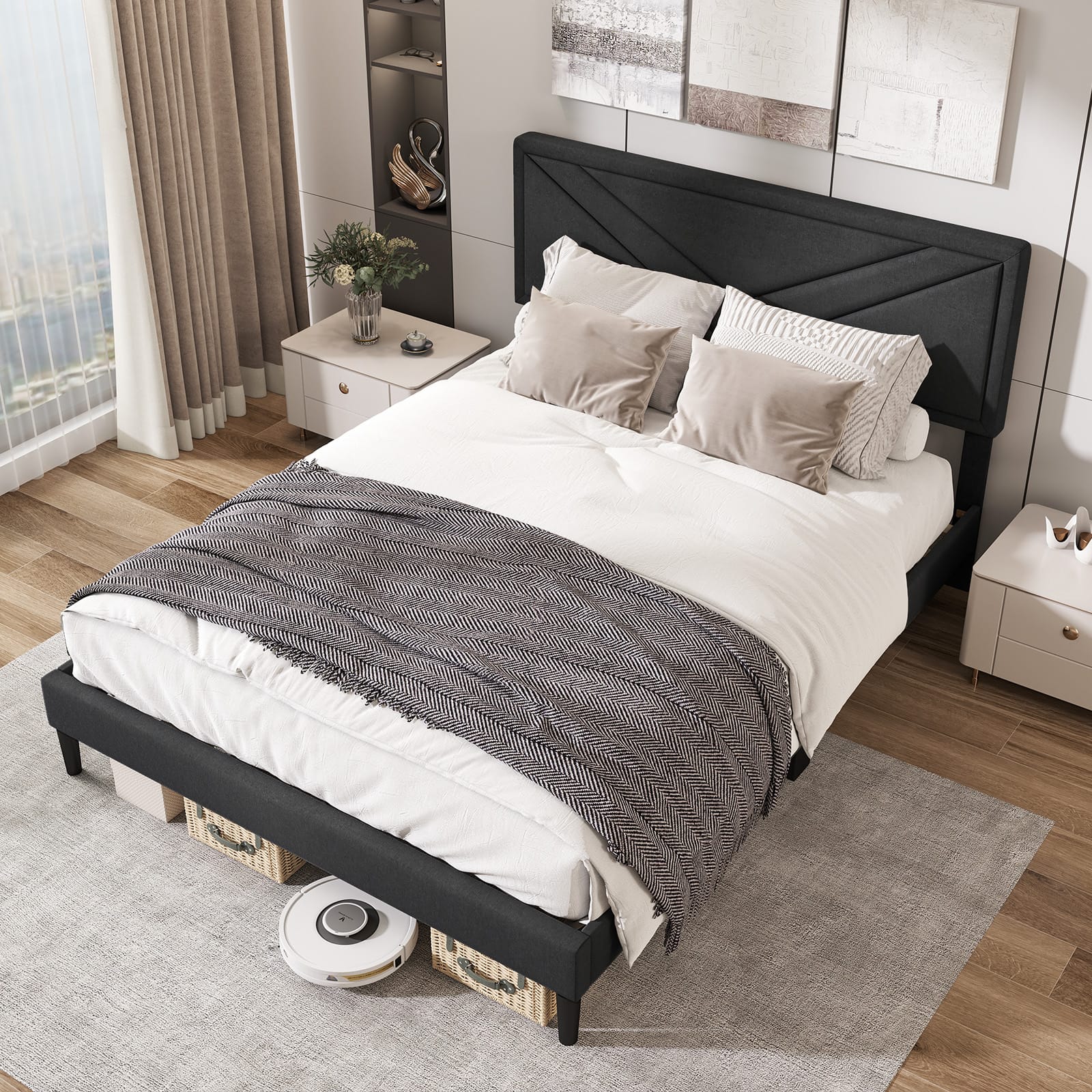 Gymax - Queen Size Bed Frame w/ Tufted Headboard & Wooden Slats Easy Assembly - Gray