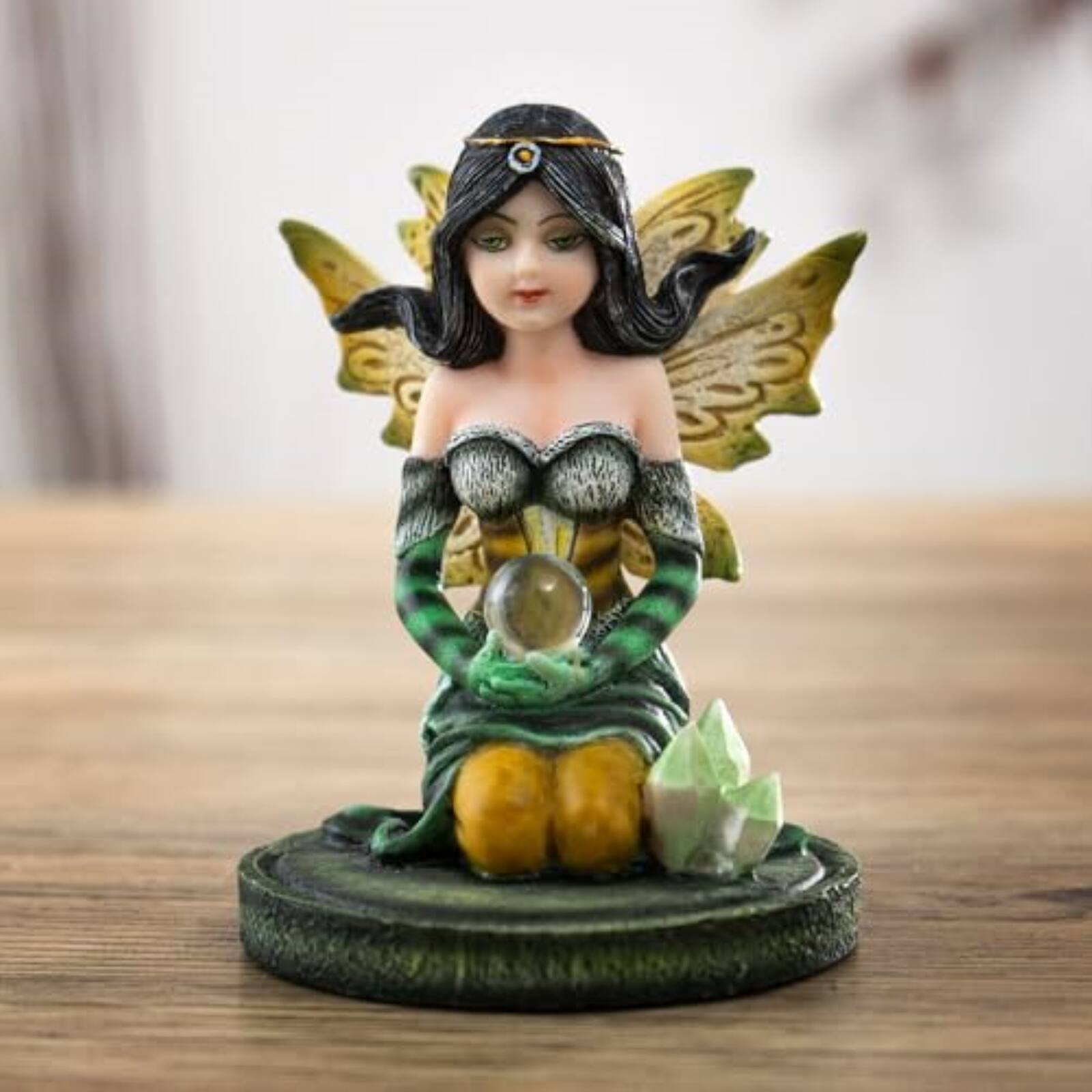 Angle. Pacific Trading - 3 inch Green Crystal Fairy Figurine with Mystical Orb and Crystal Accents Small Fairy Statue.