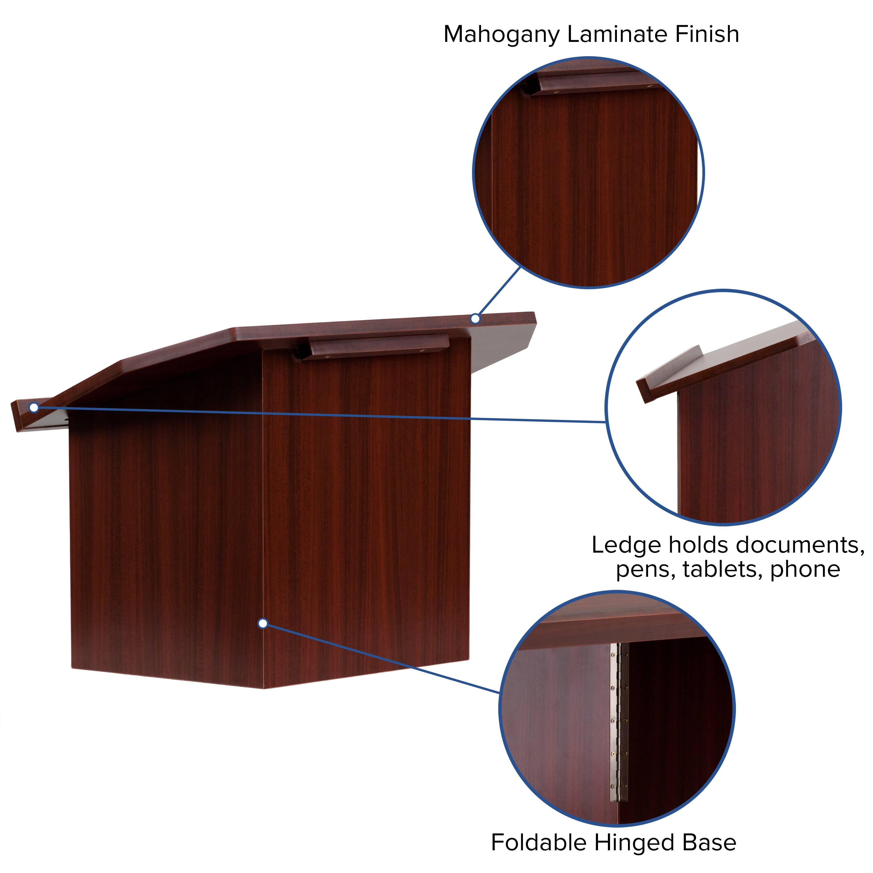 Mahogany Laminate Finish  
Ledge holds documents, pens, tablets, phone  
Foldable Hinged Base