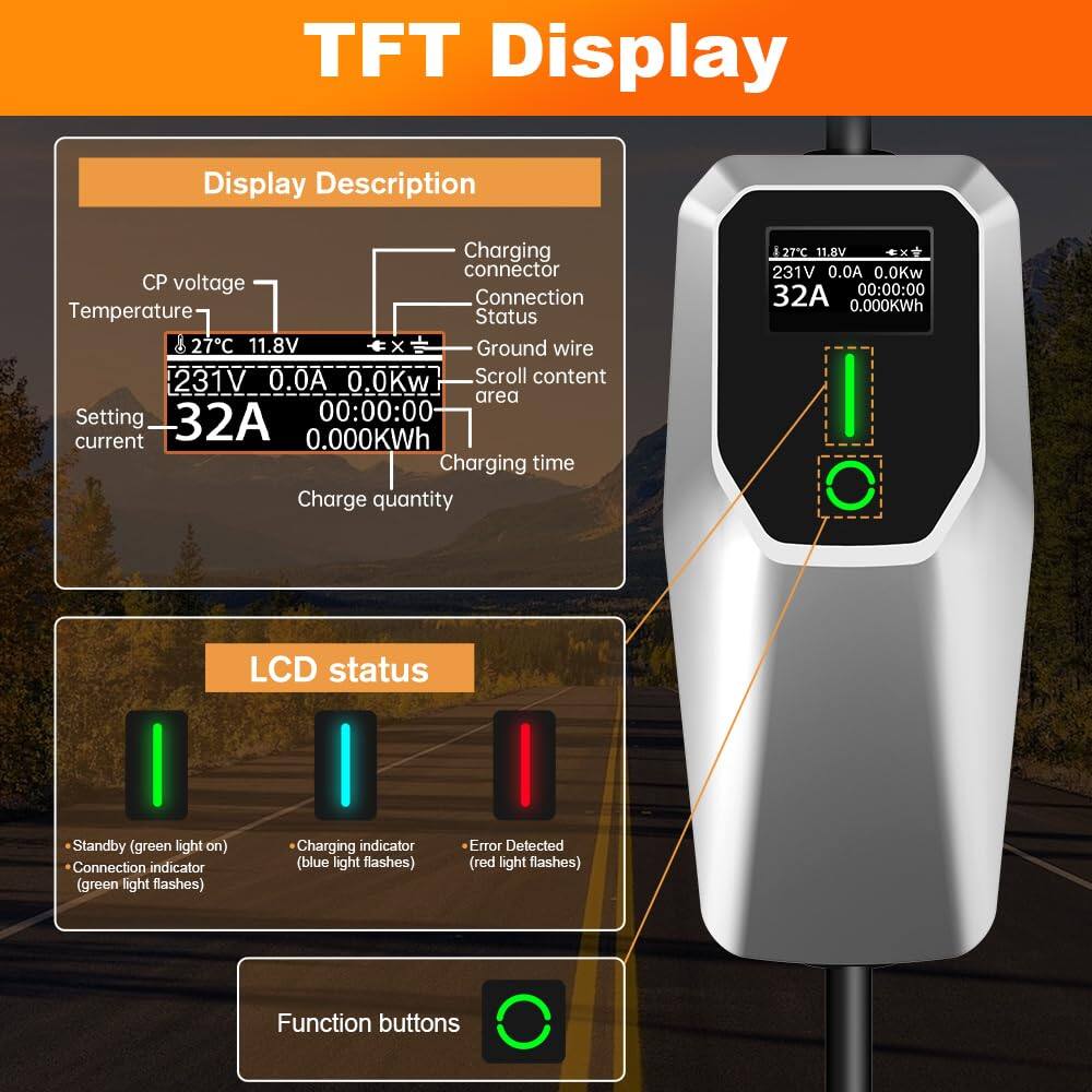 TFT Display

Display Description
- CP voltage
- Temperature: 27°C
- Charging connector
- Connection
- Status
- Ground wire
- Scroll content area
- Setting current: 32A
- Charge quantity: 0.000KWh
- Charging time: 00:00:00
- CP voltage: 11.8V
- Connection: 231V
- Current: 0.0A
- Power: 0.0Kw

LCD status
- Standby (green light on)
- Connection indicator (green light flashes)
- Charging indicator (blue light flashes)
- Error Detected (red light flashes)

Function buttons