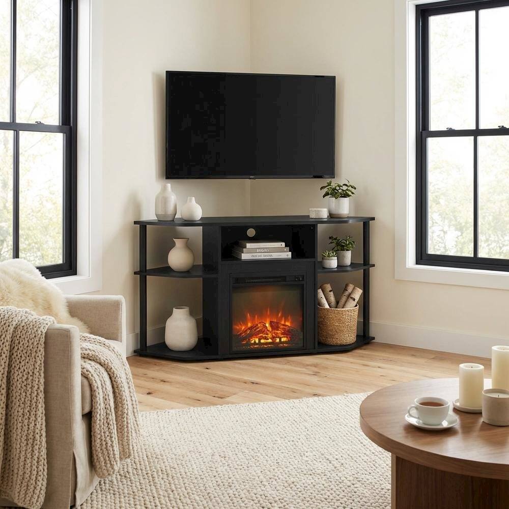 Alt View 2. FurniFact - Brown open storage corner fireplace TV stand, 55-inch TVs, wood, veneer finish - Brown.