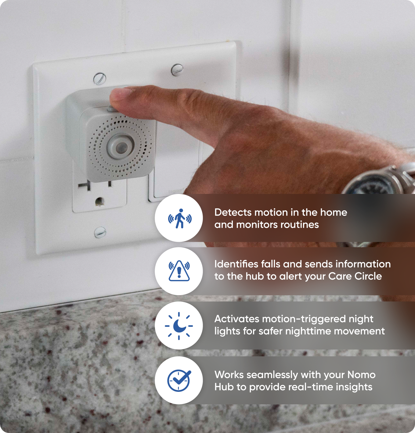 Detects motion in the home and monitors routines. Identifies falls and sends information to the hub to alert your Care Circle. Activates motion-triggered night lights for safer nighttime movement. Works seamlessly with your Nomo Hub to provide real-time insights.