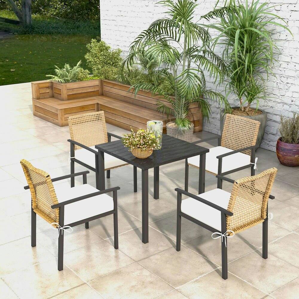 Left. Resenkos - Resenkos 5 Pieces Outdoor Dining Set, Wicker Rattan Patio Furniture Set, Cushions, Beige - Beige.