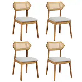 Costway - 4 PCS Rattan Dining Chairs, Upholstered Kitchen Chairs with Rattan Back & Wood Frame - Natural